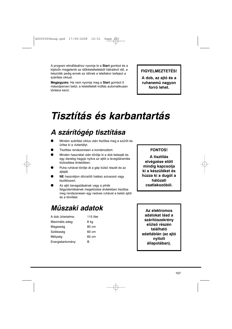 Tisztítás és karbantartás, A szárítógép tisztítása, Műszaki adatok | Candy GO DC 78G-86S User Manual | Page 107 / 110