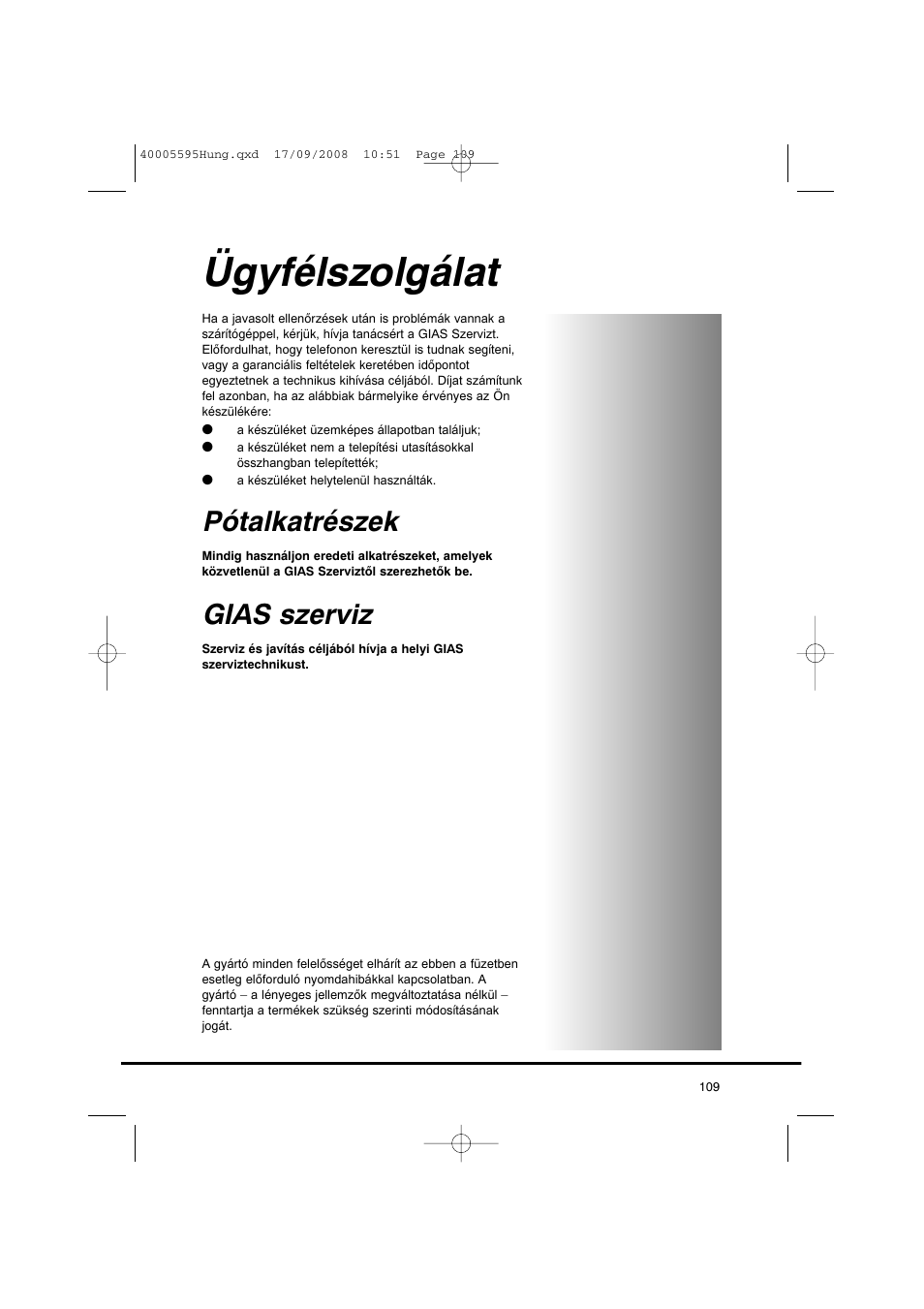 Ügyfélszolgálat, Pótalkatrészek, Gias szerviz | Candy GO DC 78G-86S User Manual | Page 109 / 110