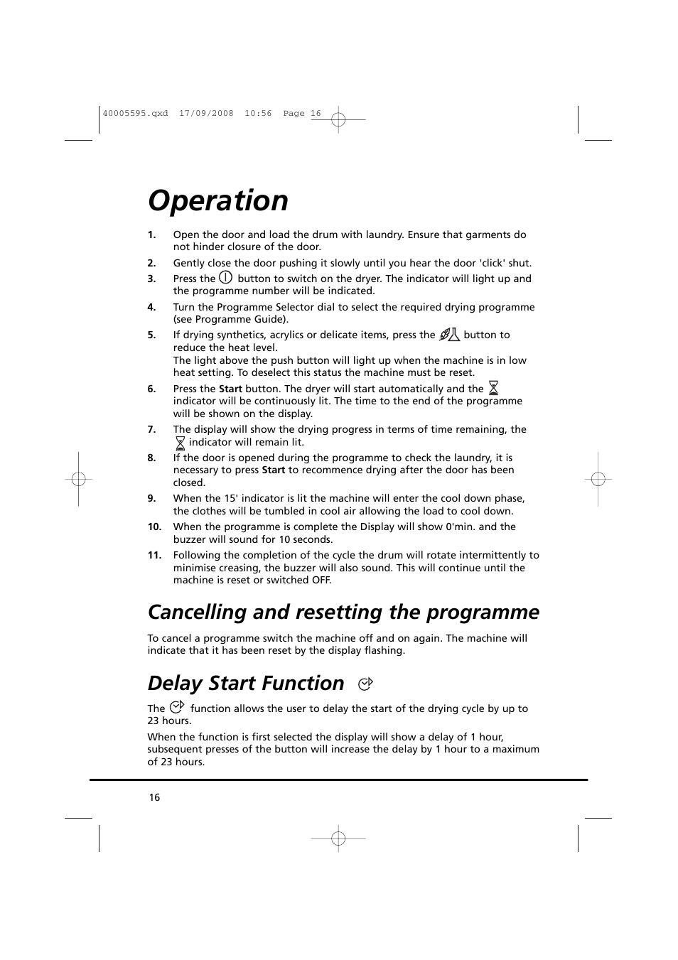 Operation, Cancelling and resetting the programme, Delay start function | Candy GO DC 78G-86S User Manual | Page 16 / 110