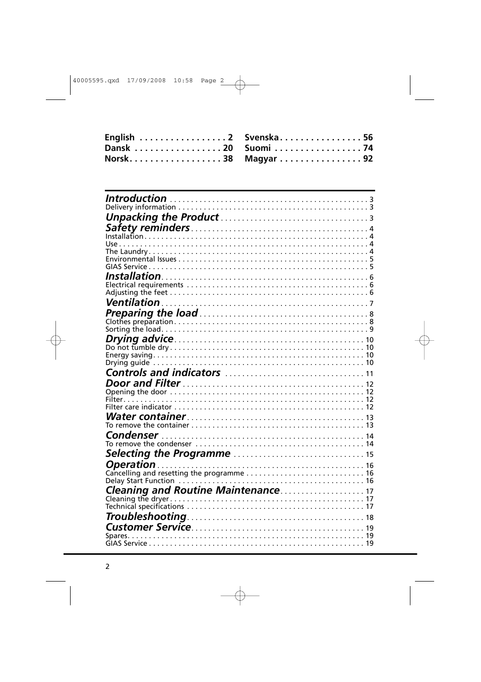 Introduction, Unpacking the product, Safety reminders | Installation, Ventilation, Preparing the load, Drying advice, Controls and indicators, Door and filter, Water container | Candy GO DC 78G-86S User Manual | Page 2 / 110