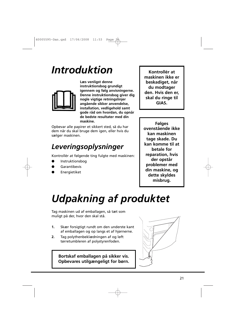 Introduktion, Udpakning af produktet, Leveringsoplysninger | Candy GO DC 78G-86S User Manual | Page 21 / 110