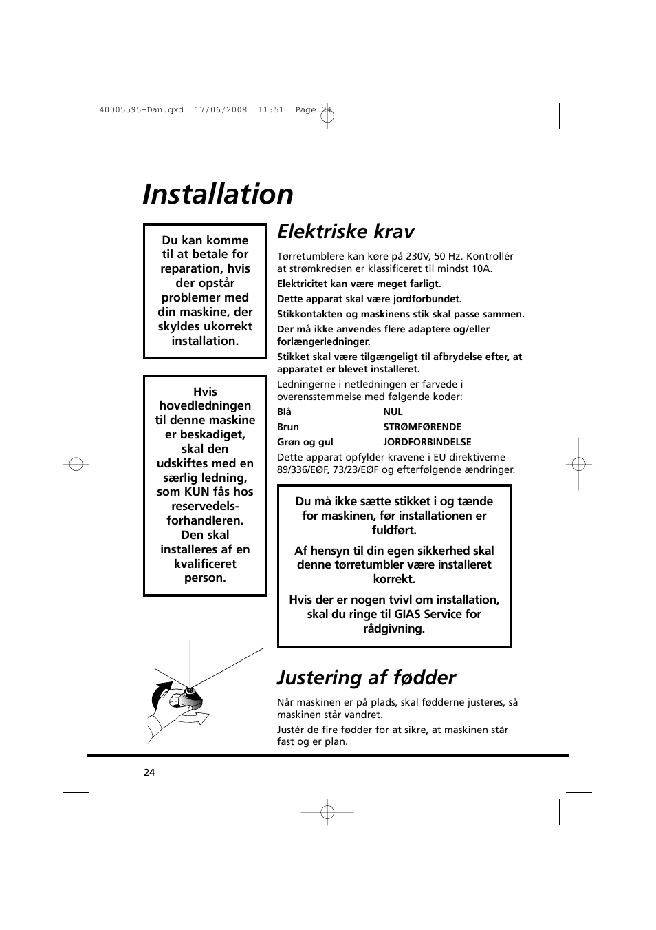 Installation, Elektriske krav, Justering af fødder | Candy GO DC 78G-86S User Manual | Page 24 / 110