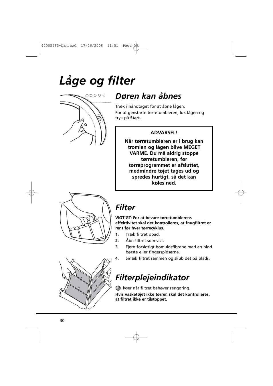Låge og filter, Døren kan åbnes, Filter | Filterplejeindikator | Candy GO DC 78G-86S User Manual | Page 30 / 110