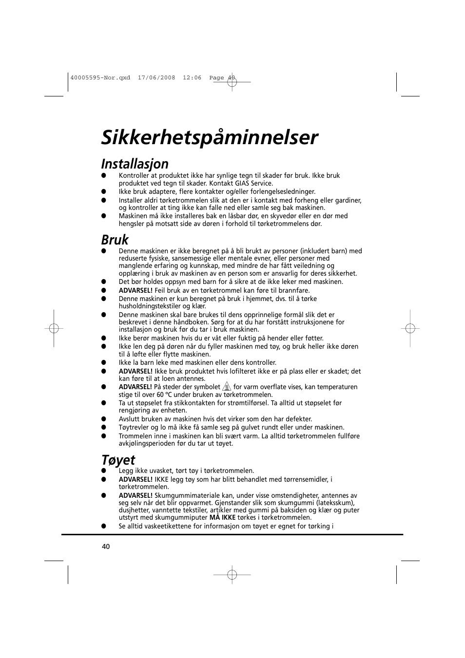 Sikkerhetspåminnelser, Installasjon, Bruk | Tøyet | Candy GO DC 78G-86S User Manual | Page 40 / 110
