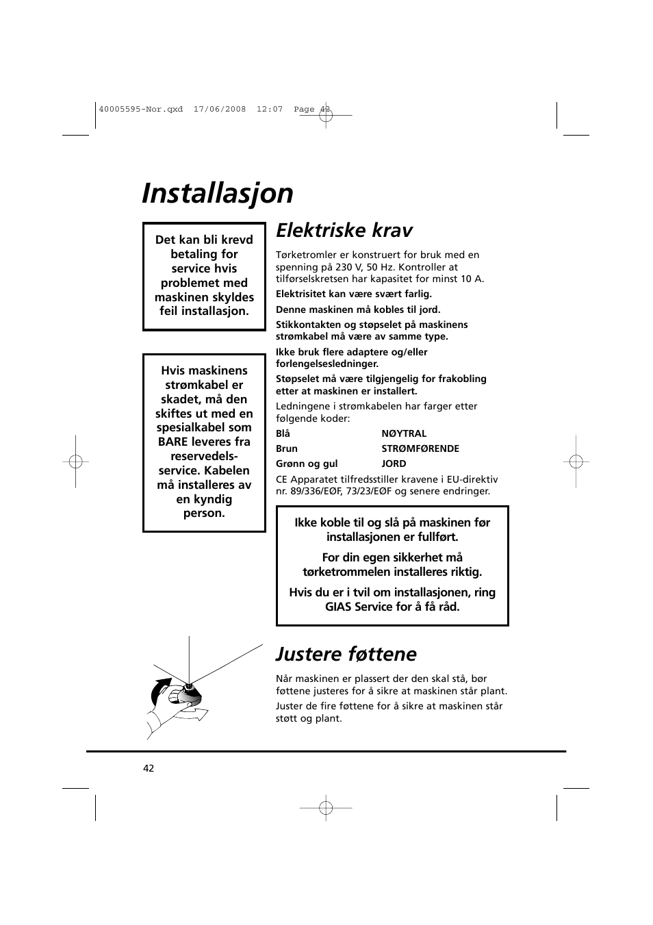 Installasjon, Elektriske krav, Justere føttene | Candy GO DC 78G-86S User Manual | Page 42 / 110