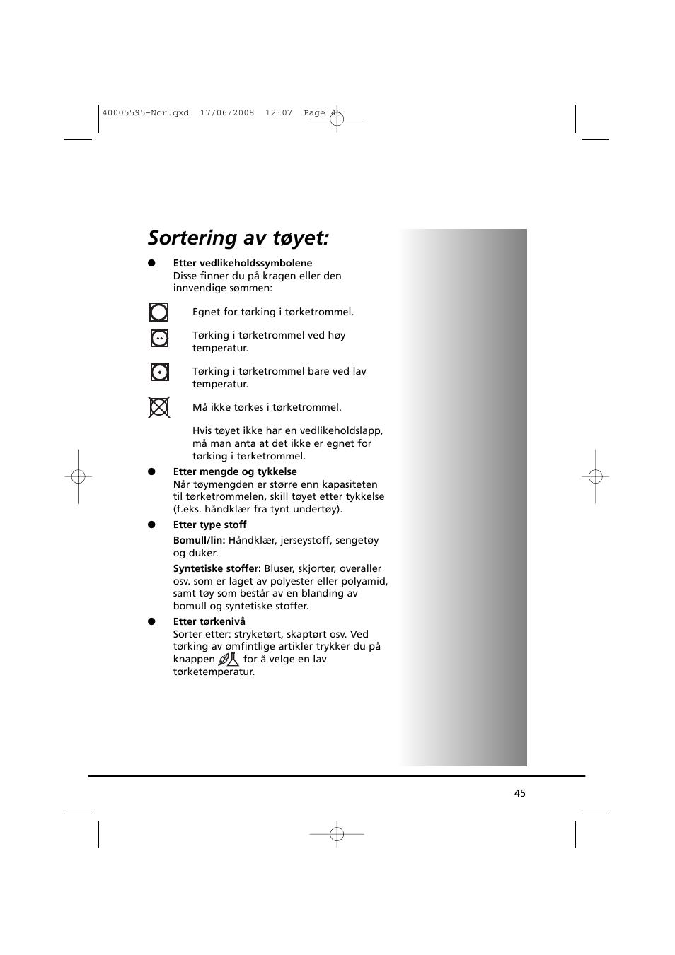 Sortering av tøyet | Candy GO DC 78G-86S User Manual | Page 45 / 110