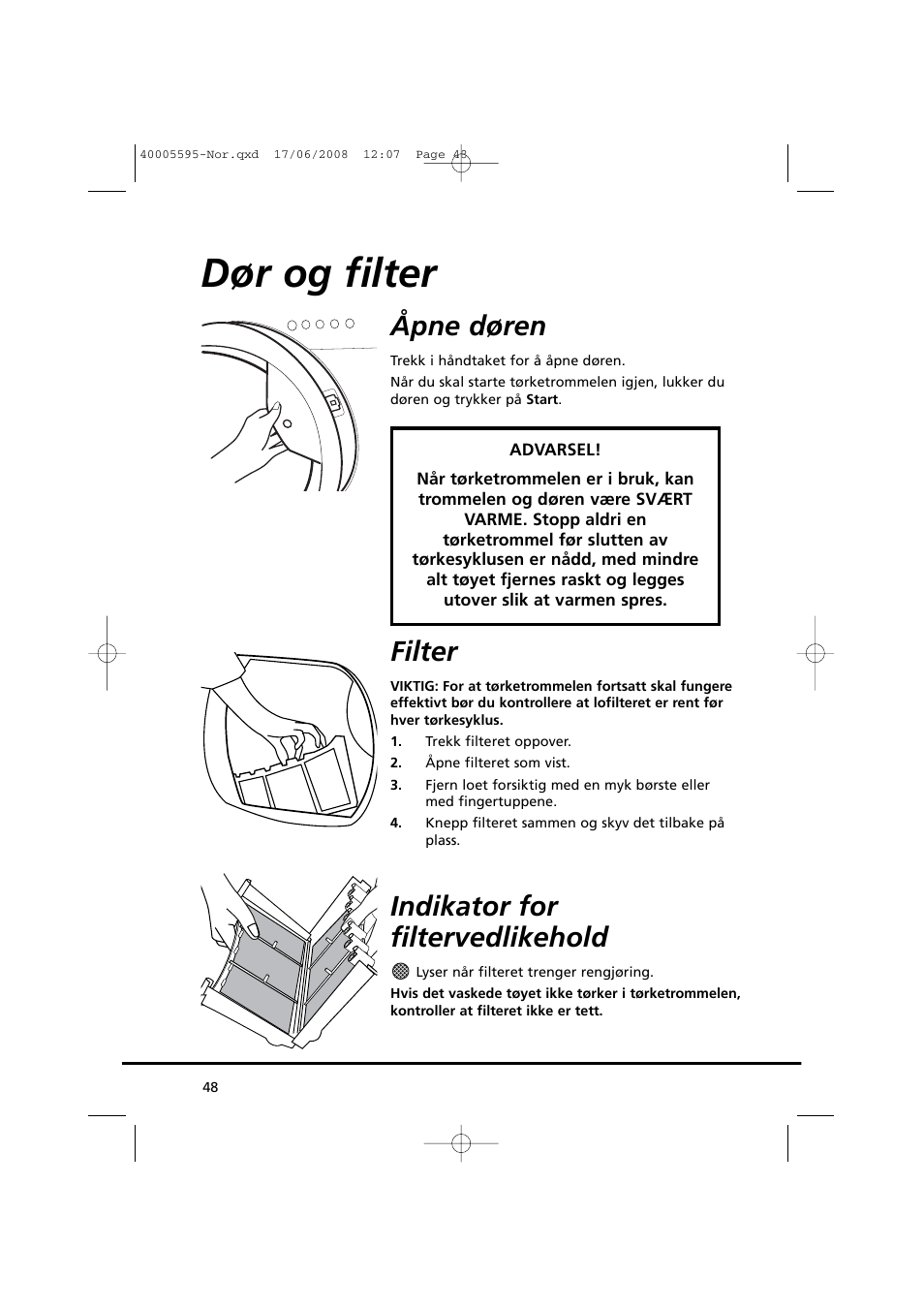 Dør og filter, Åpne døren, Filter | Indikator for filtervedlikehold | Candy GO DC 78G-86S User Manual | Page 48 / 110