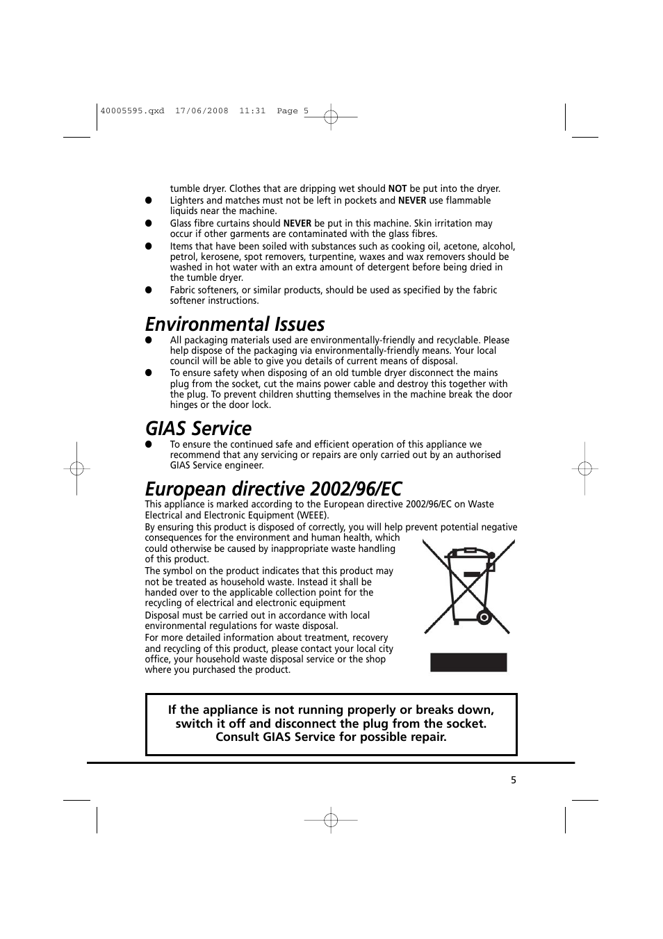 Environmental issues, Gias service | Candy GO DC 78G-86S User Manual | Page 5 / 110