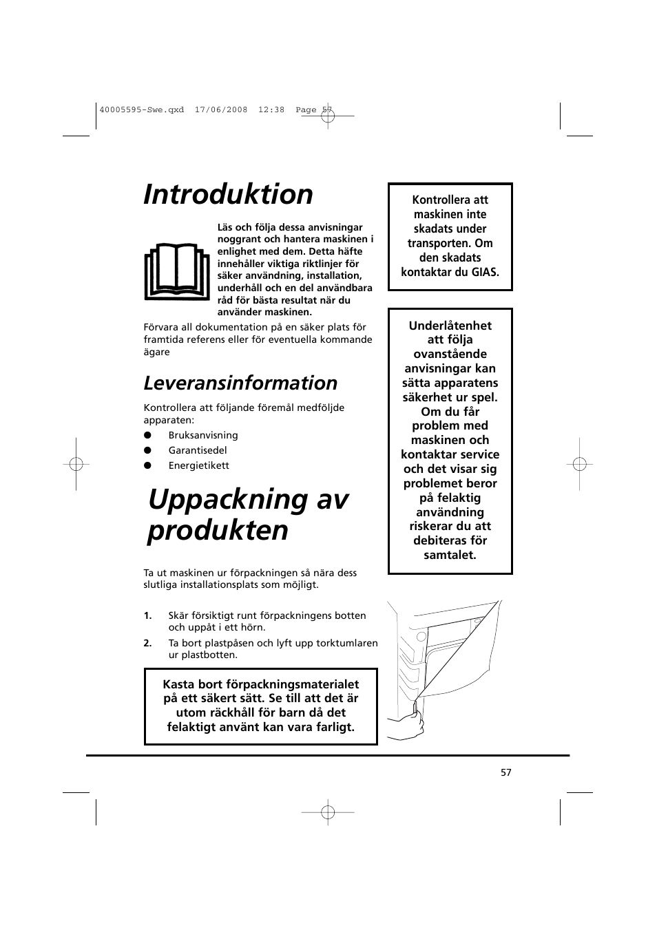 Introduktion, Uppackning av produkten, Leveransinformation | Candy GO DC 78G-86S User Manual | Page 57 / 110