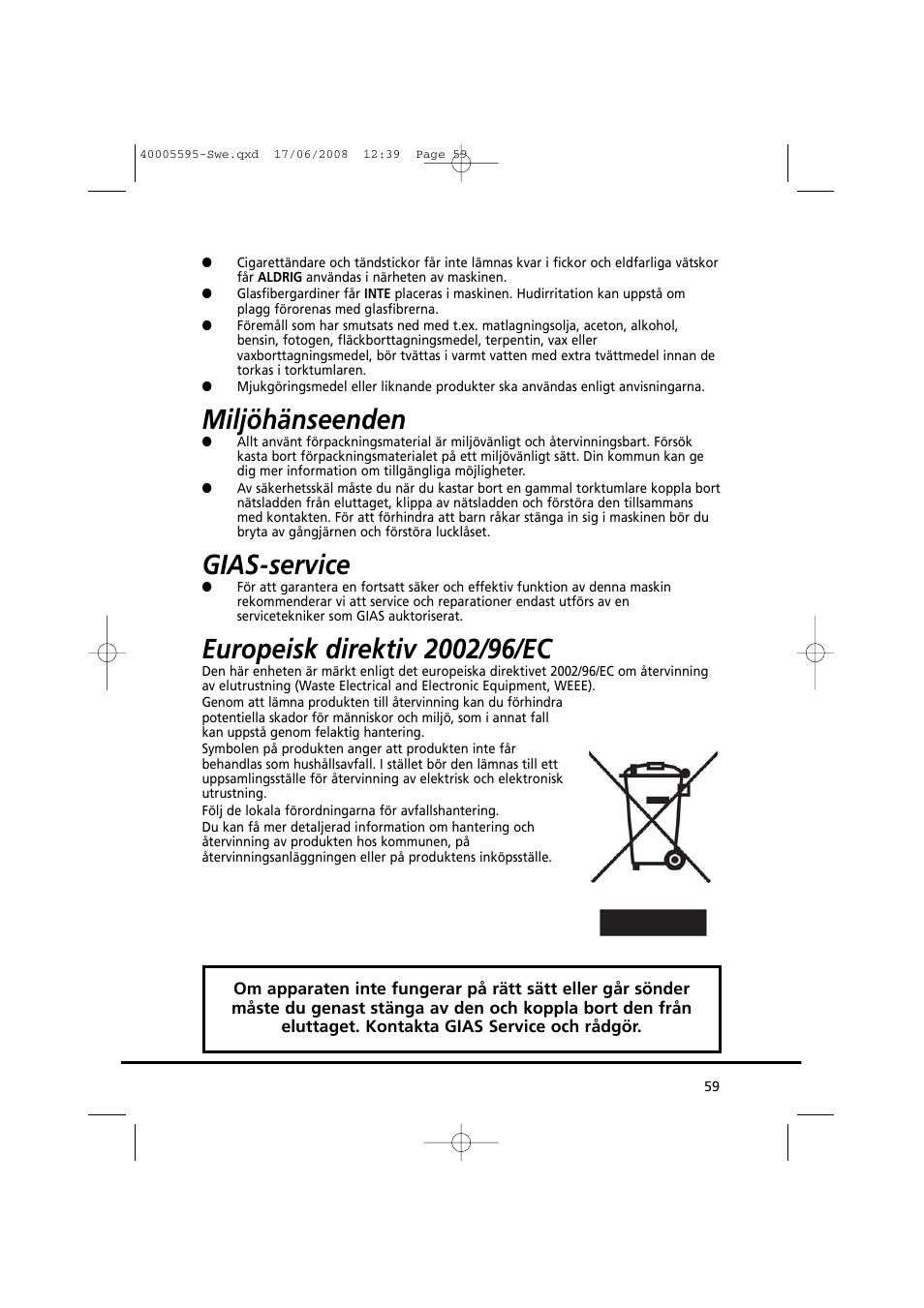Miljöhänseenden, Gias-service | Candy GO DC 78G-86S User Manual | Page 59 / 110