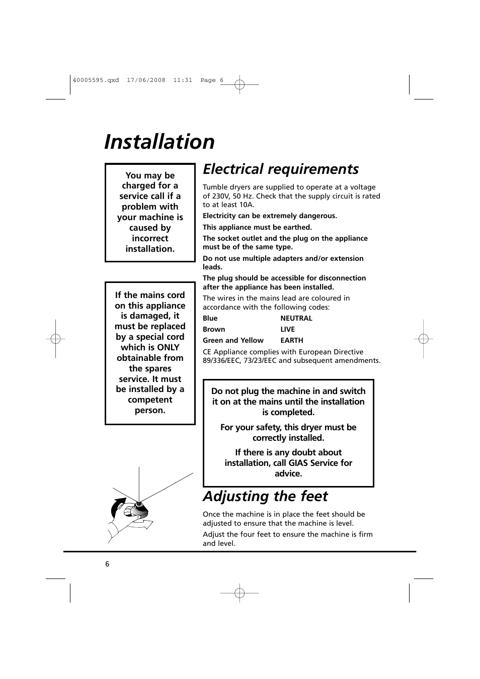 Installation, Electrical requirements, Adjusting the feet | Candy GO DC 78G-86S User Manual | Page 6 / 110