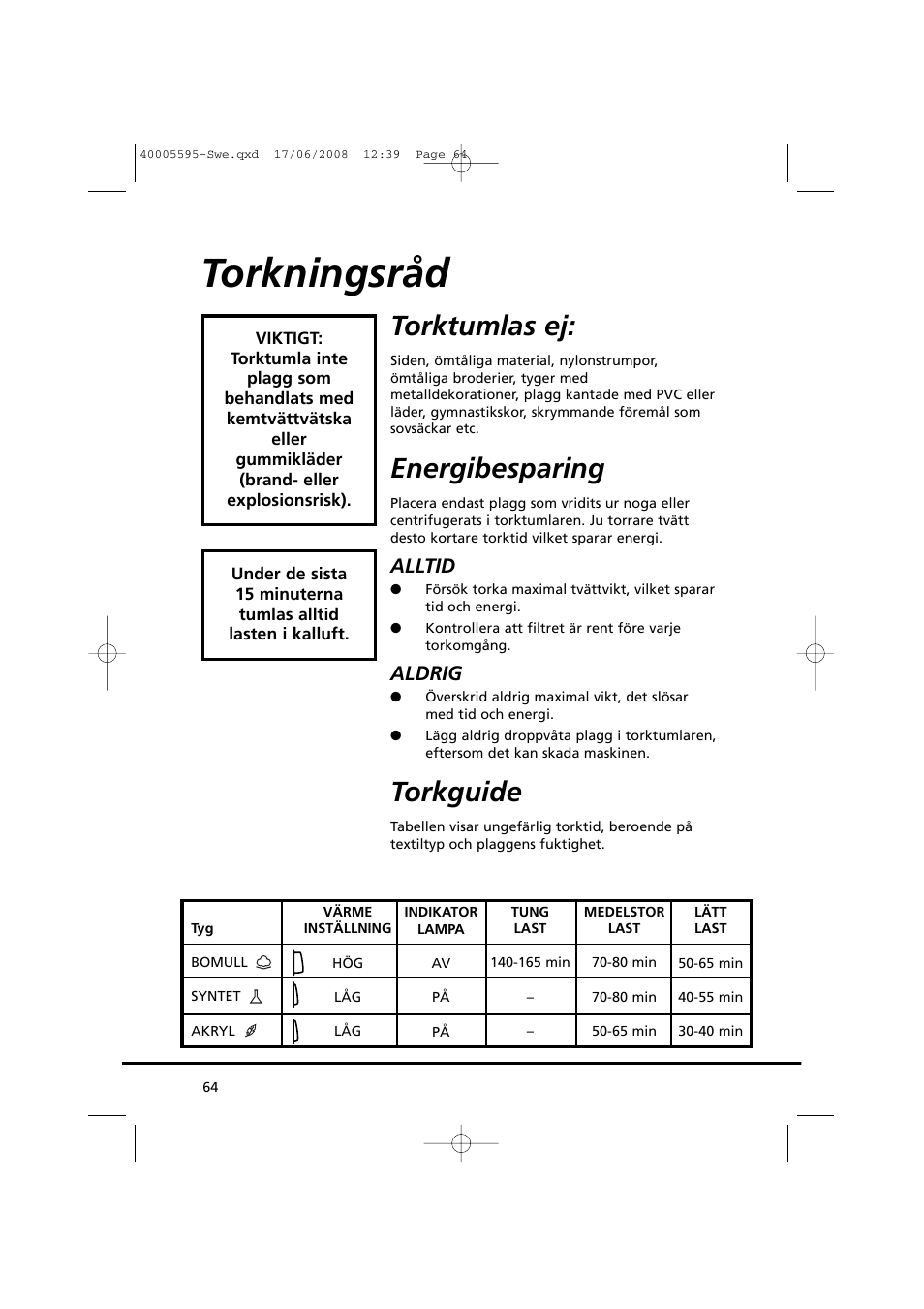 Torkningsråd, Torktumlas ej, Energibesparing | Torkguide, Alltid, Aldrig | Candy GO DC 78G-86S User Manual | Page 64 / 110