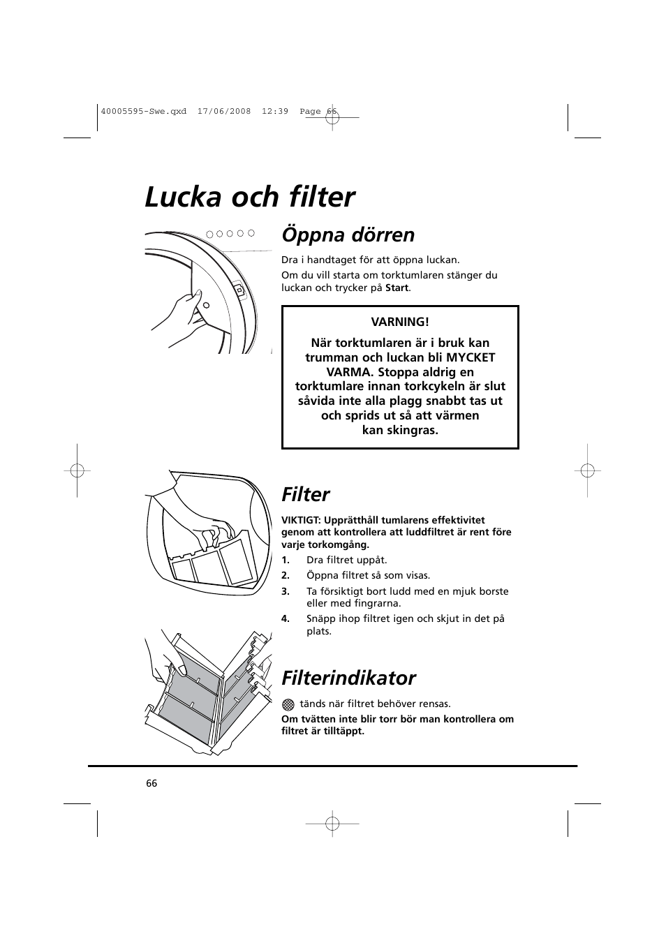 Lucka och filter, Öppna dörren, Filter | Filterindikator | Candy GO DC 78G-86S User Manual | Page 66 / 110