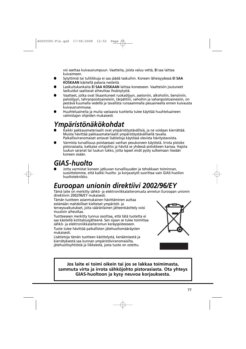 Ympäristönäkökohdat, Gias-huolto | Candy GO DC 78G-86S User Manual | Page 77 / 110