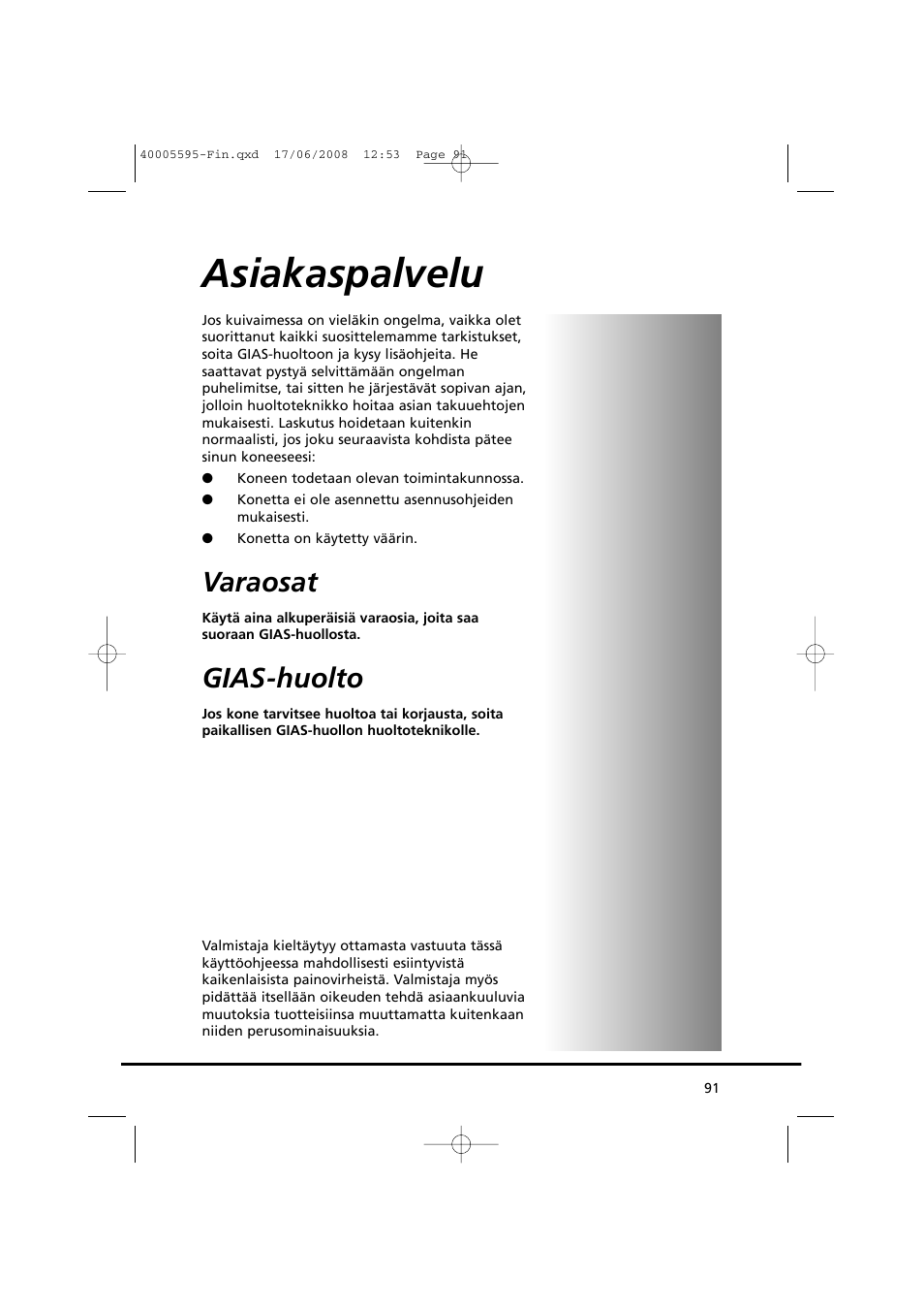 Asiakaspalvelu, Varaosat, Gias-huolto | Candy GO DC 78G-86S User Manual | Page 91 / 110