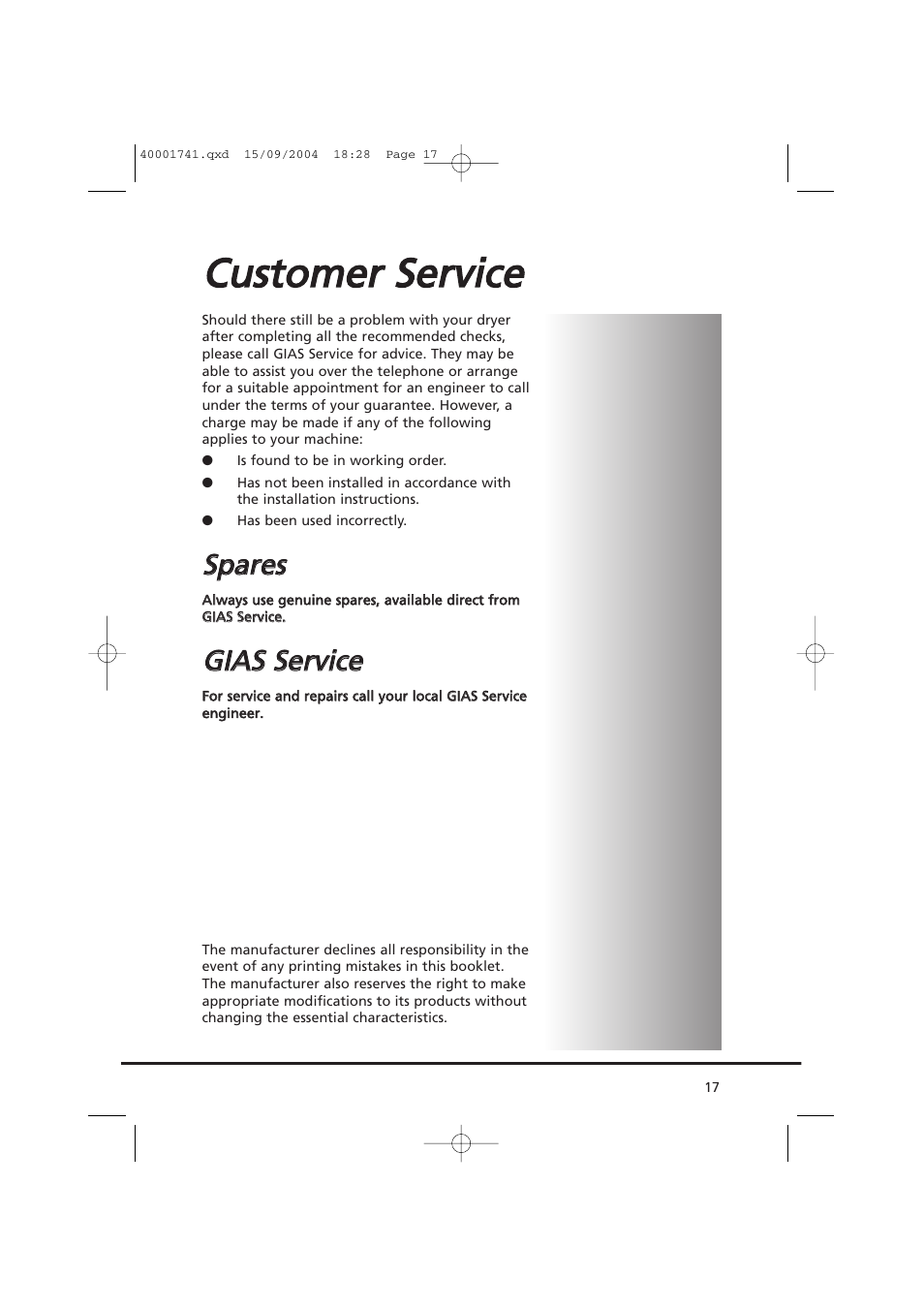 Ccu usstto om me err s se errv viicce e, Ssp pa arre ess, Ggiia as s s se errv viicce e | Candy AB CDV 660 -SY User Manual | Page 17 / 132