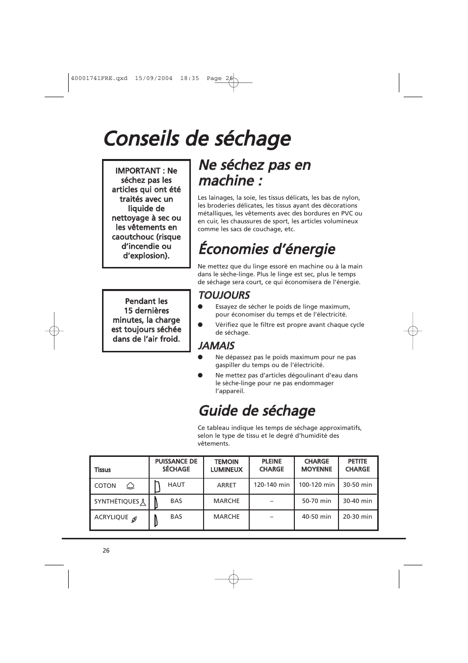 Cco on nsse eiillss d de e ssé écch ha ag ge e, Éécco on no om miie ess d d’’é én ne errg giie e, Ggu uiid de e d de e ssé écch ha ag ge e | Candy AB CDV 660 -SY User Manual | Page 26 / 132