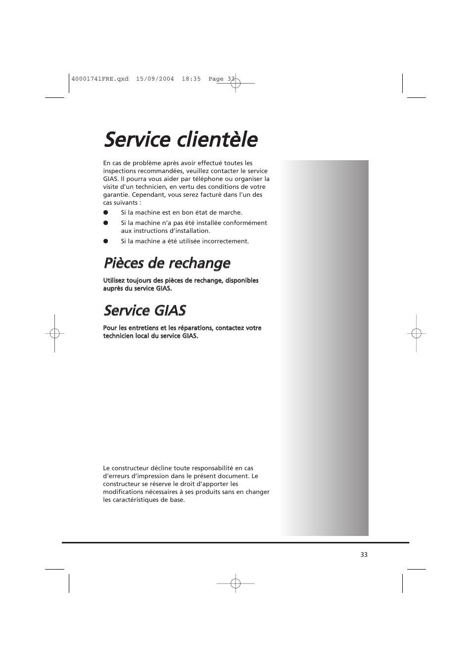 Sse errv viicce e cclliie en nttè èlle e, Ppiiè ècce ess d de e rre ecch ha an ng ge e, Sse errv viicce e g giia as s | Candy AB CDV 660 -SY User Manual | Page 33 / 132