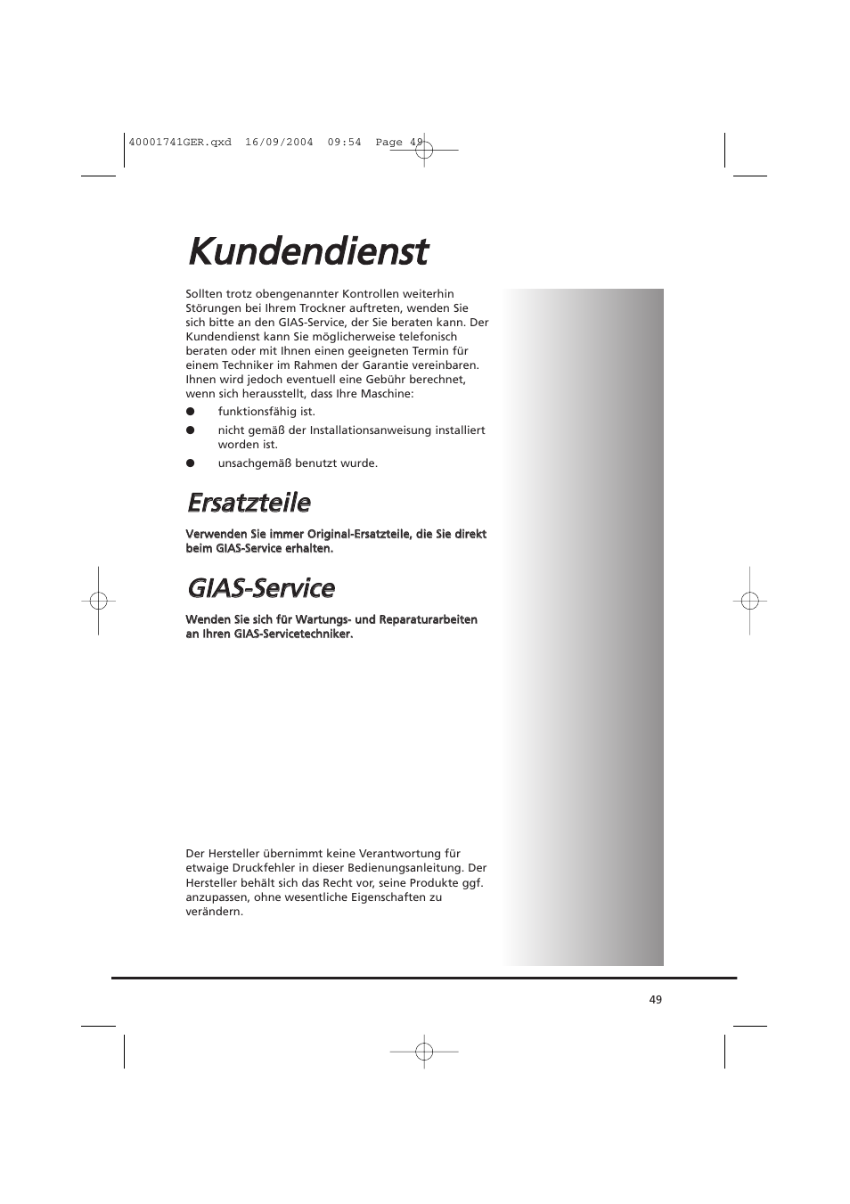 Kku un nd de en nd diie en nsstt, Eerrssa attz ztte eiille e, Ggiia as s--s se errv viicce e | Candy AB CDV 660 -SY User Manual | Page 49 / 132