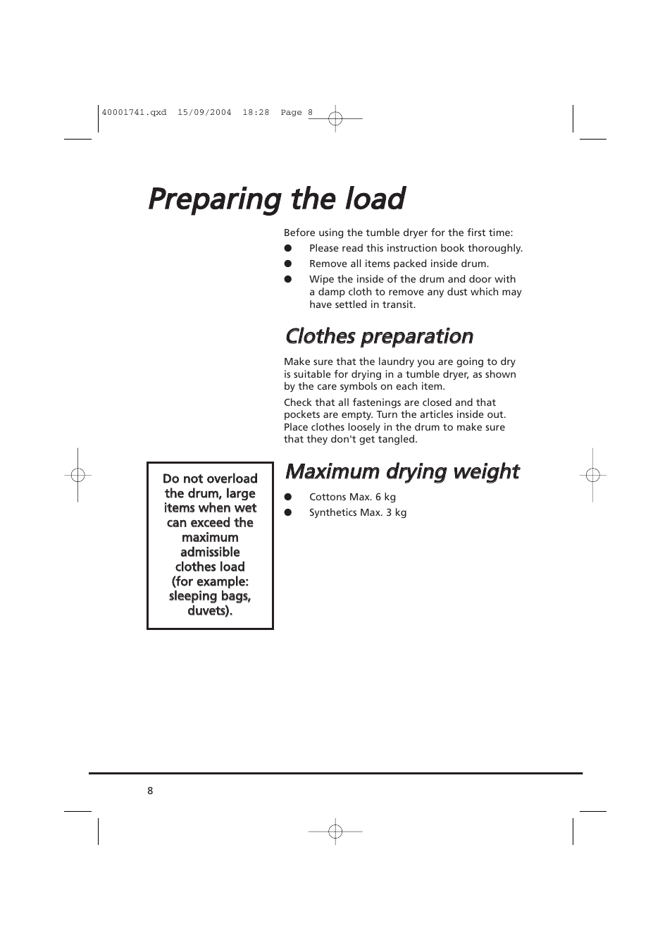 Pprre ep pa arriin ng g tth he e llo oa ad d, Ccllo otth he ess p prre ep pa arra attiio on n | Candy AB CDV 660 -SY User Manual | Page 8 / 132
