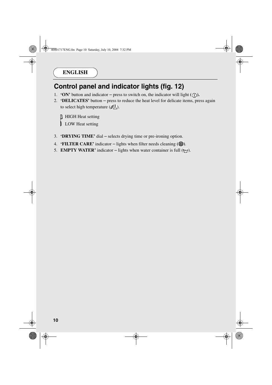 Control panel and indicator lights (fig. 12) | Candy AB CDC 168 - SY User Manual | Page 10 / 104