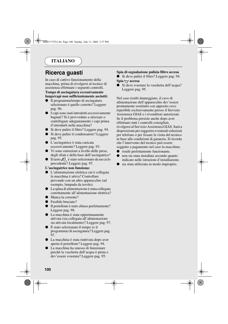 Ricerca guasti, Italiano | Candy AB CDC 168 - SY User Manual | Page 100 / 104