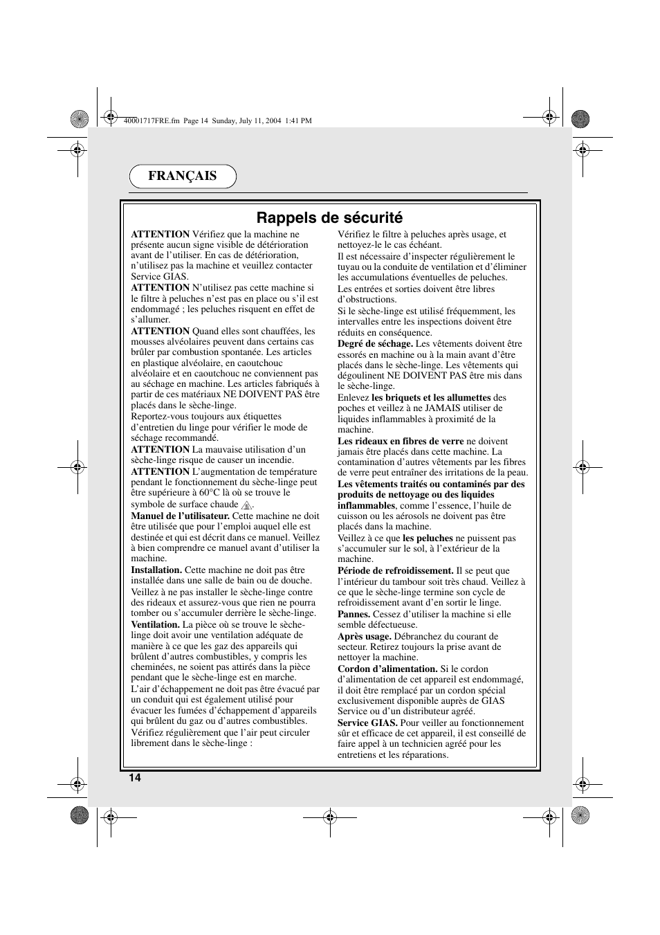 Rappels de sécurité, Français | Candy AB CDC 168 - SY User Manual | Page 14 / 104