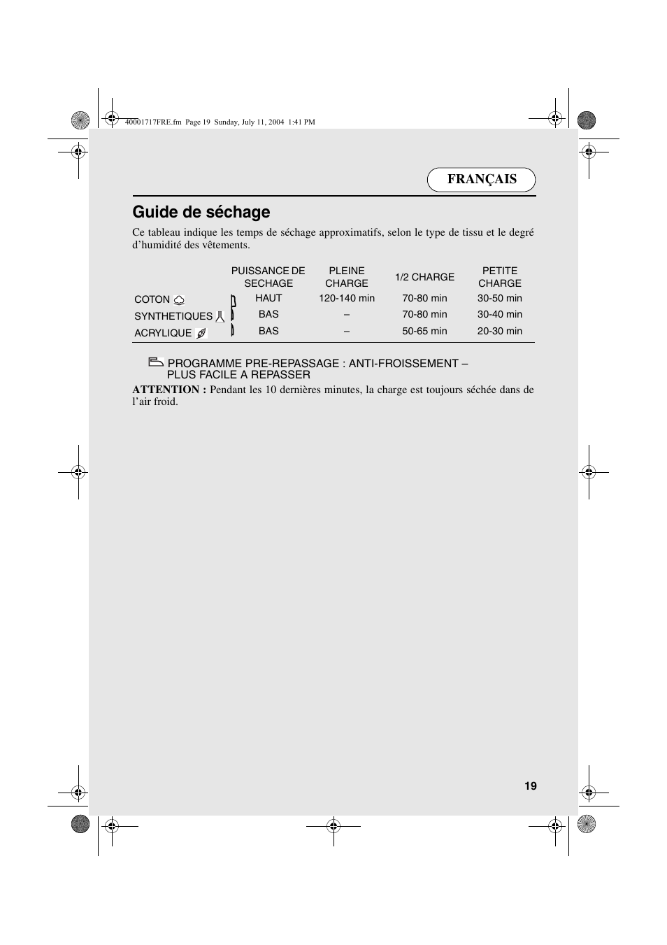 Guide de séchage, Français | Candy AB CDC 168 - SY User Manual | Page 19 / 104