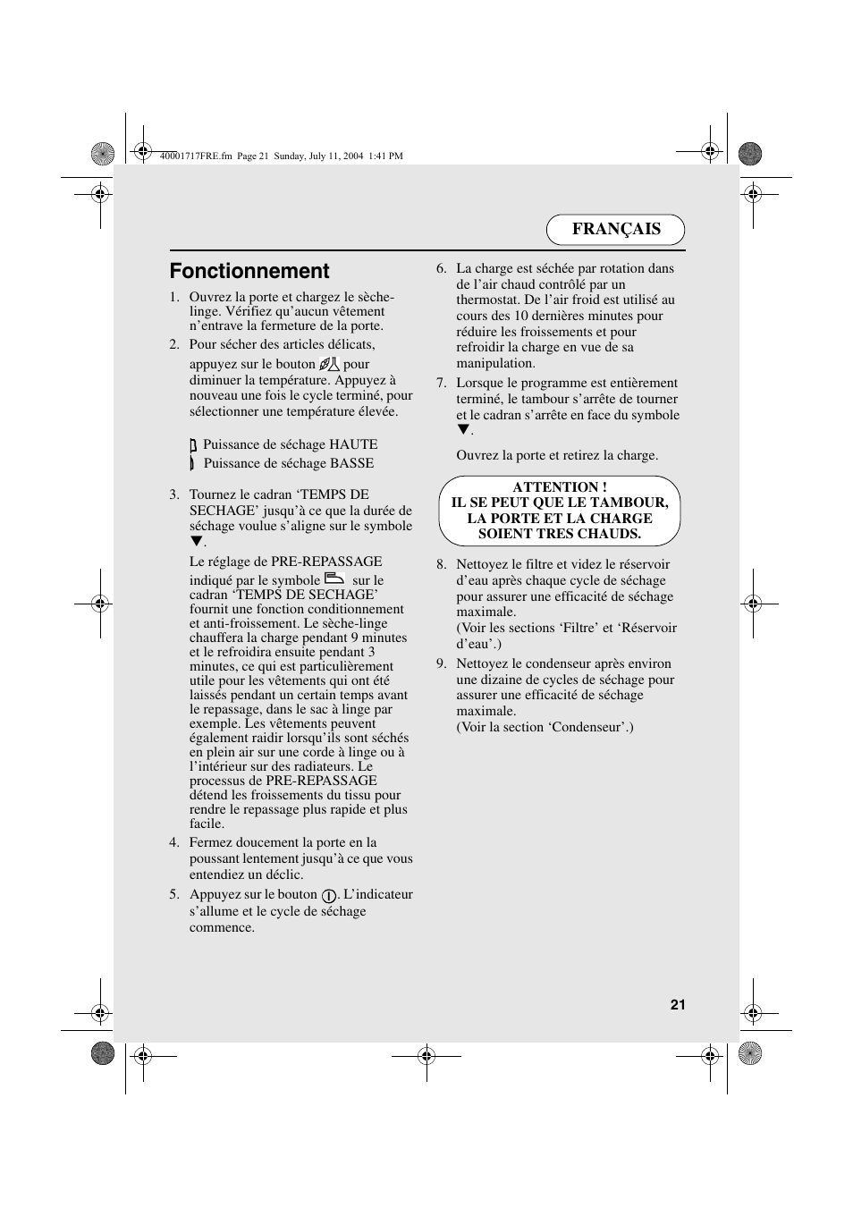 Fonctionnement, Français | Candy AB CDC 168 - SY User Manual | Page 21 / 104