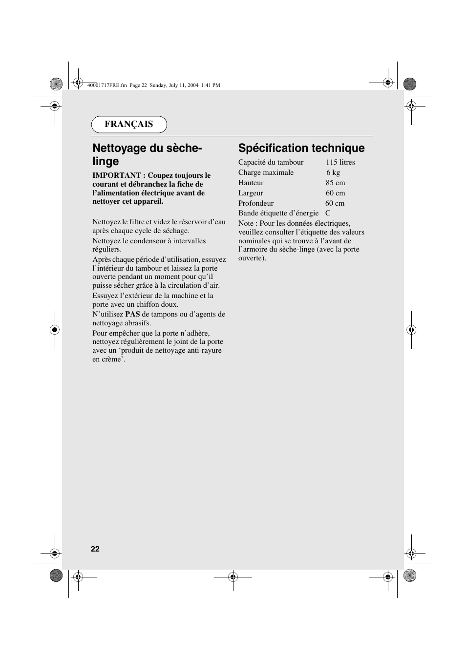 Nettoyage du sèche- linge, Spécification technique | Candy AB CDC 168 - SY User Manual | Page 22 / 104