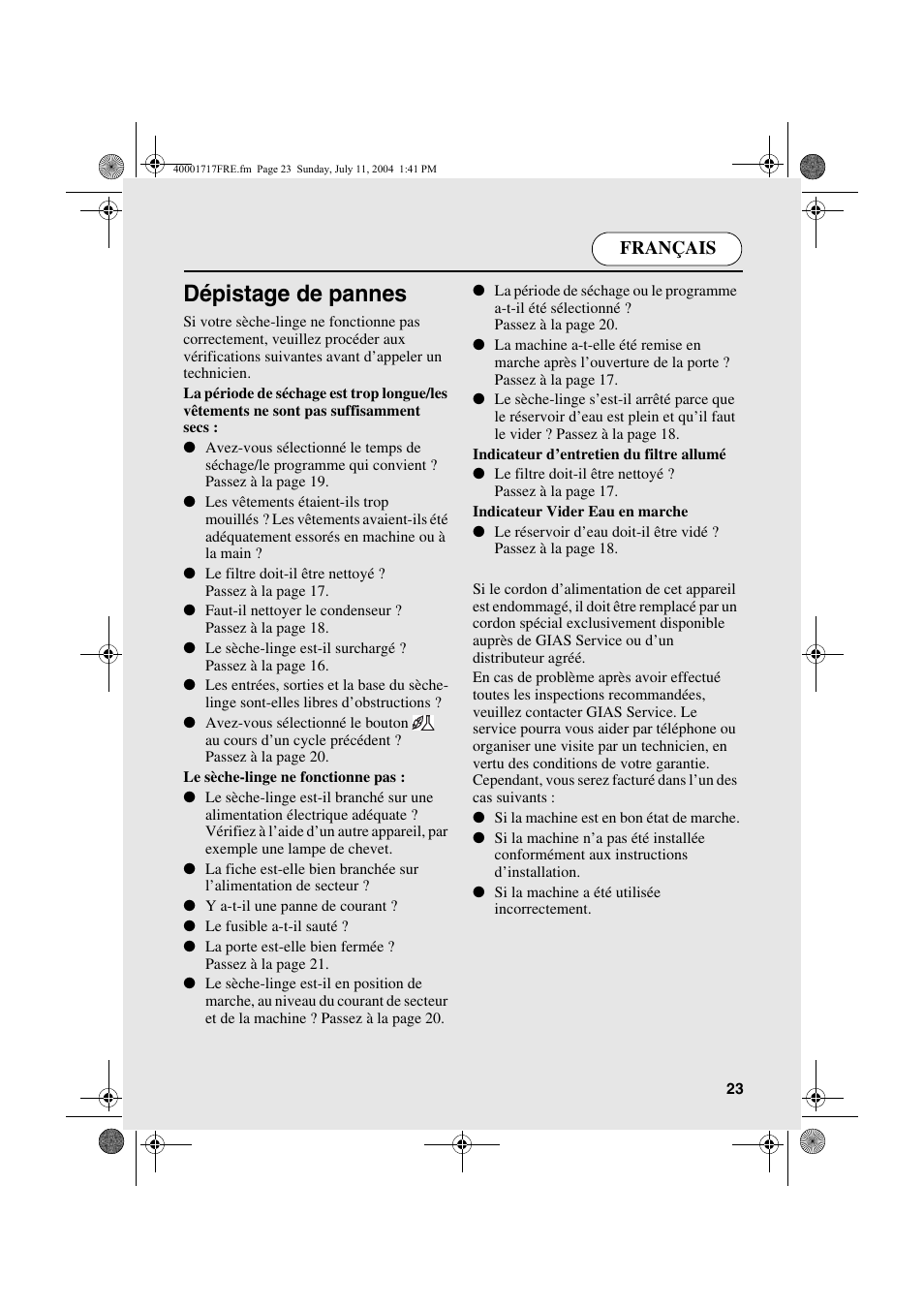 Dépistage de pannes, Français | Candy AB CDC 168 - SY User Manual | Page 23 / 104