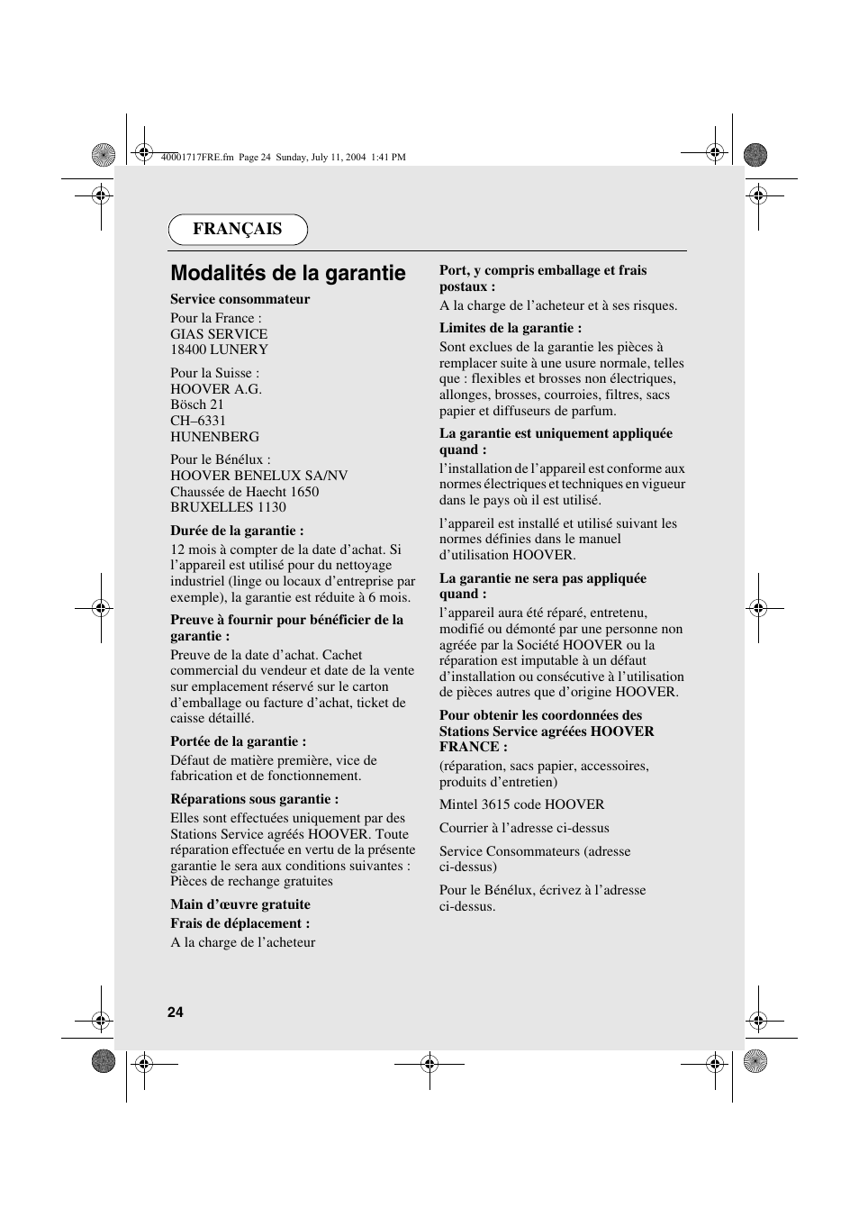 Modalités de la garantie, Français | Candy AB CDC 168 - SY User Manual | Page 24 / 104