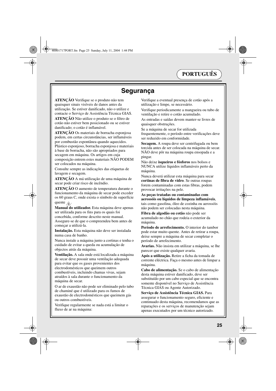 Segurança, Português | Candy AB CDC 168 - SY User Manual | Page 25 / 104