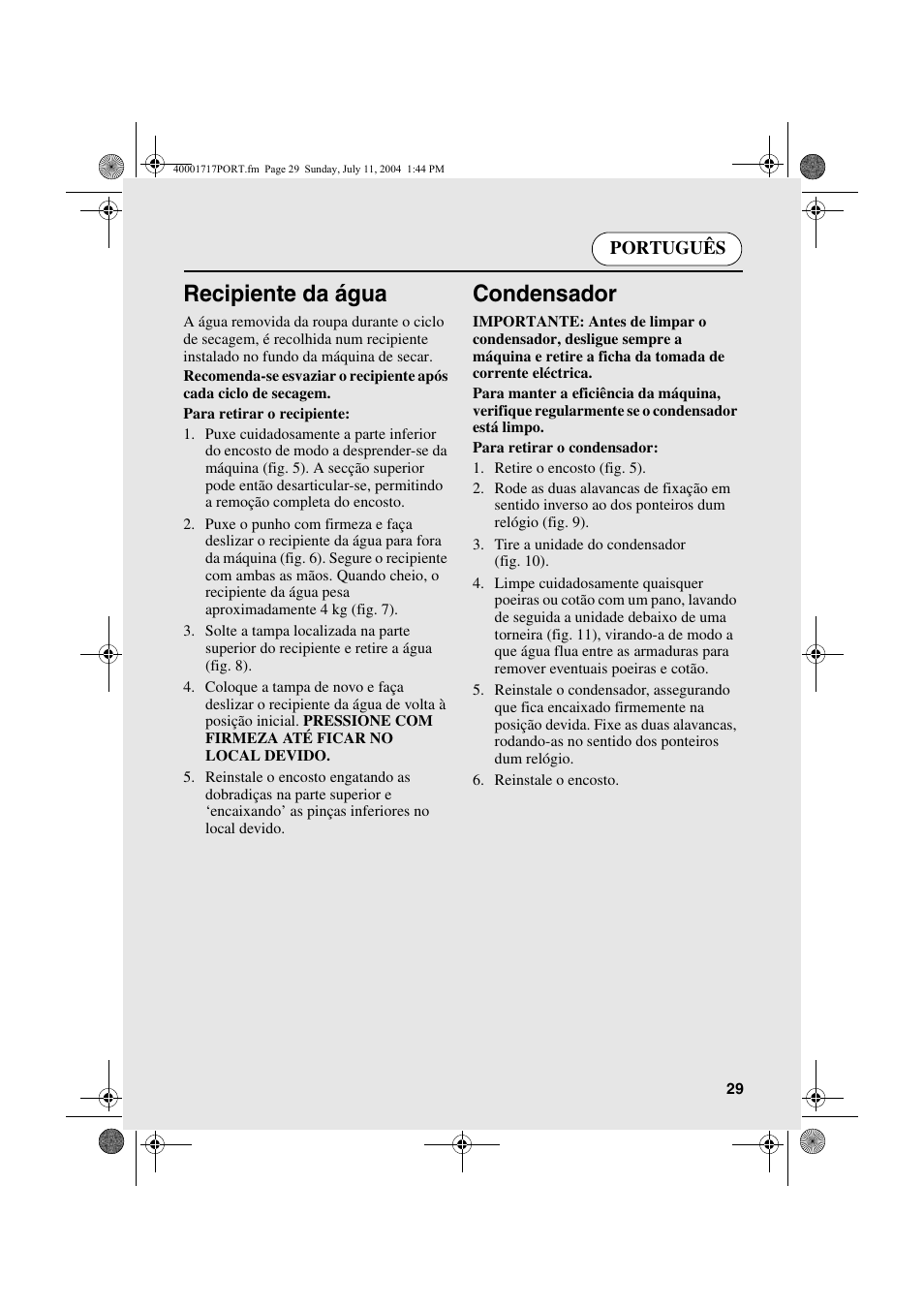 Recipiente da água, Condensador | Candy AB CDC 168 - SY User Manual | Page 29 / 104