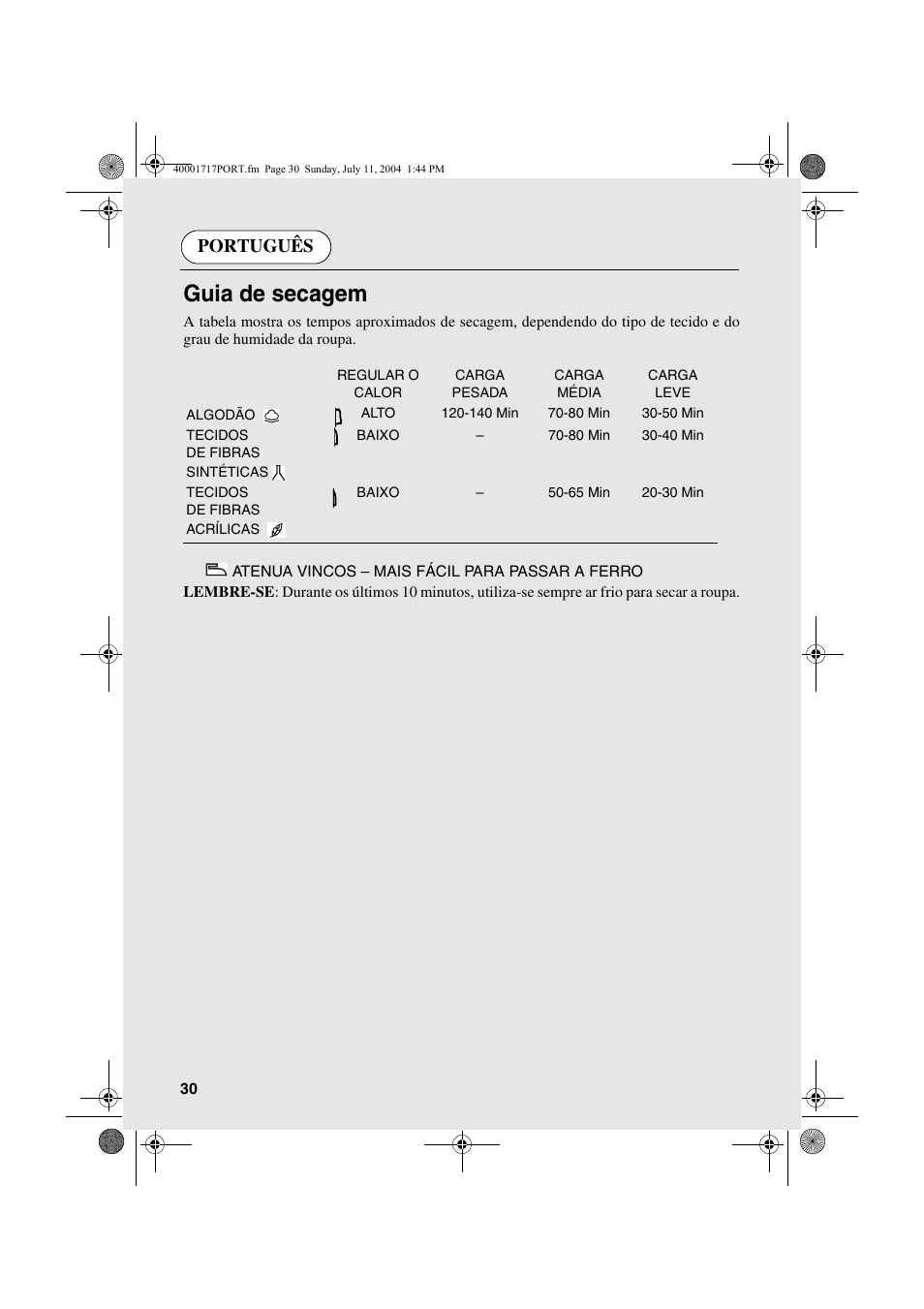 Guia de secagem, Português | Candy AB CDC 168 - SY User Manual | Page 30 / 104
