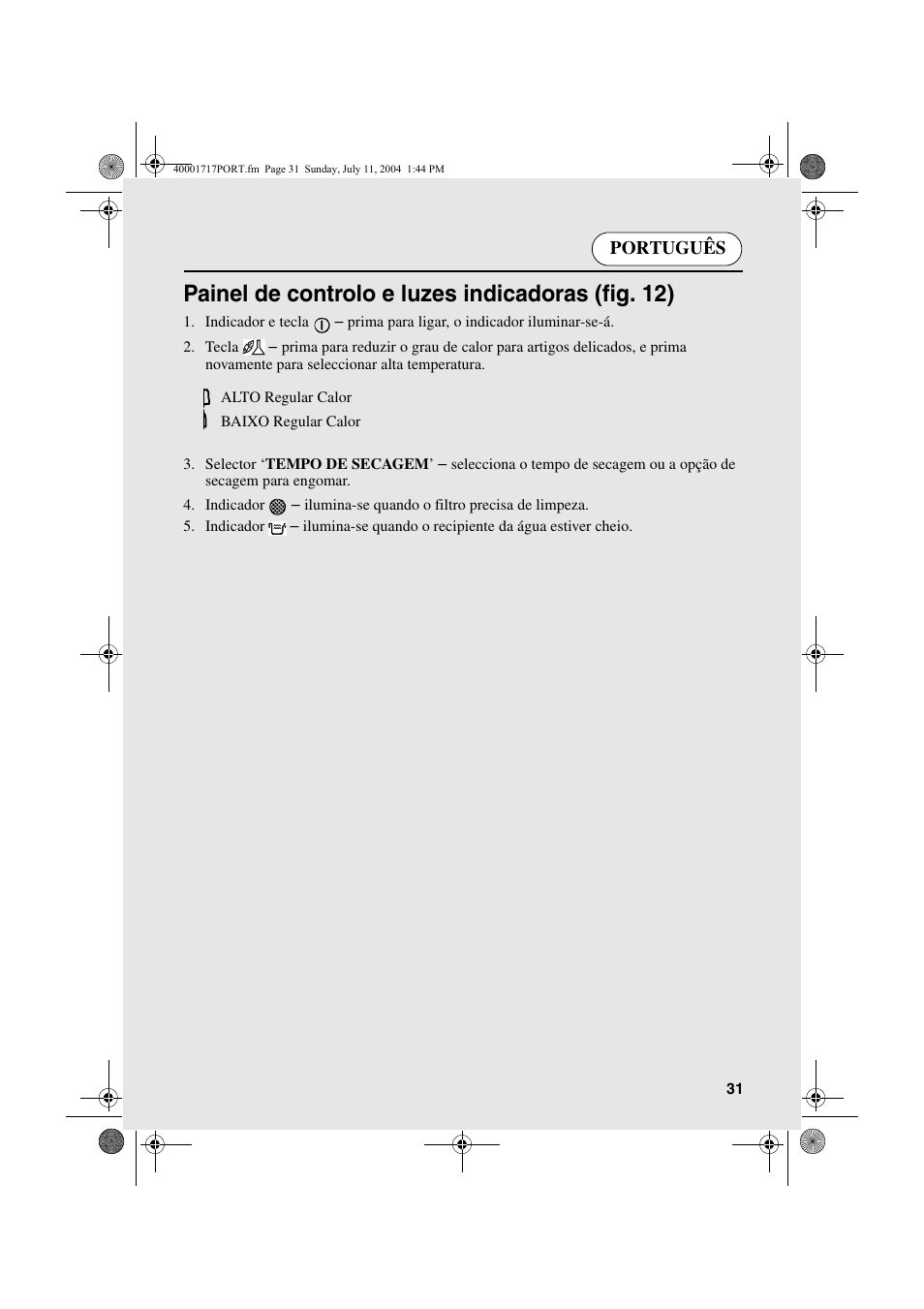 Painel de controlo e luzes indicadoras (fig. 12), Português | Candy AB CDC 168 - SY User Manual | Page 31 / 104