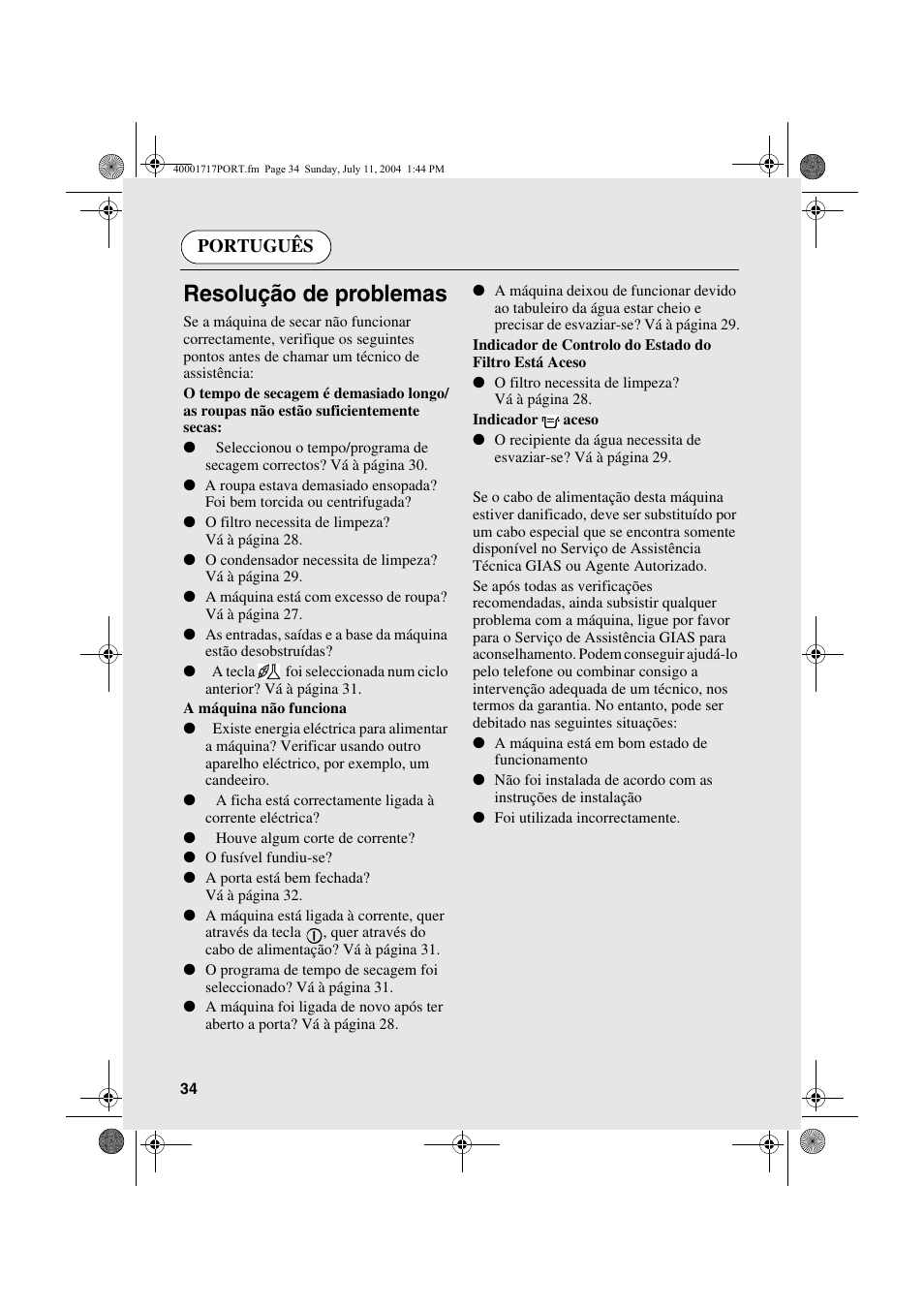 Resolução de problemas, Português | Candy AB CDC 168 - SY User Manual | Page 34 / 104