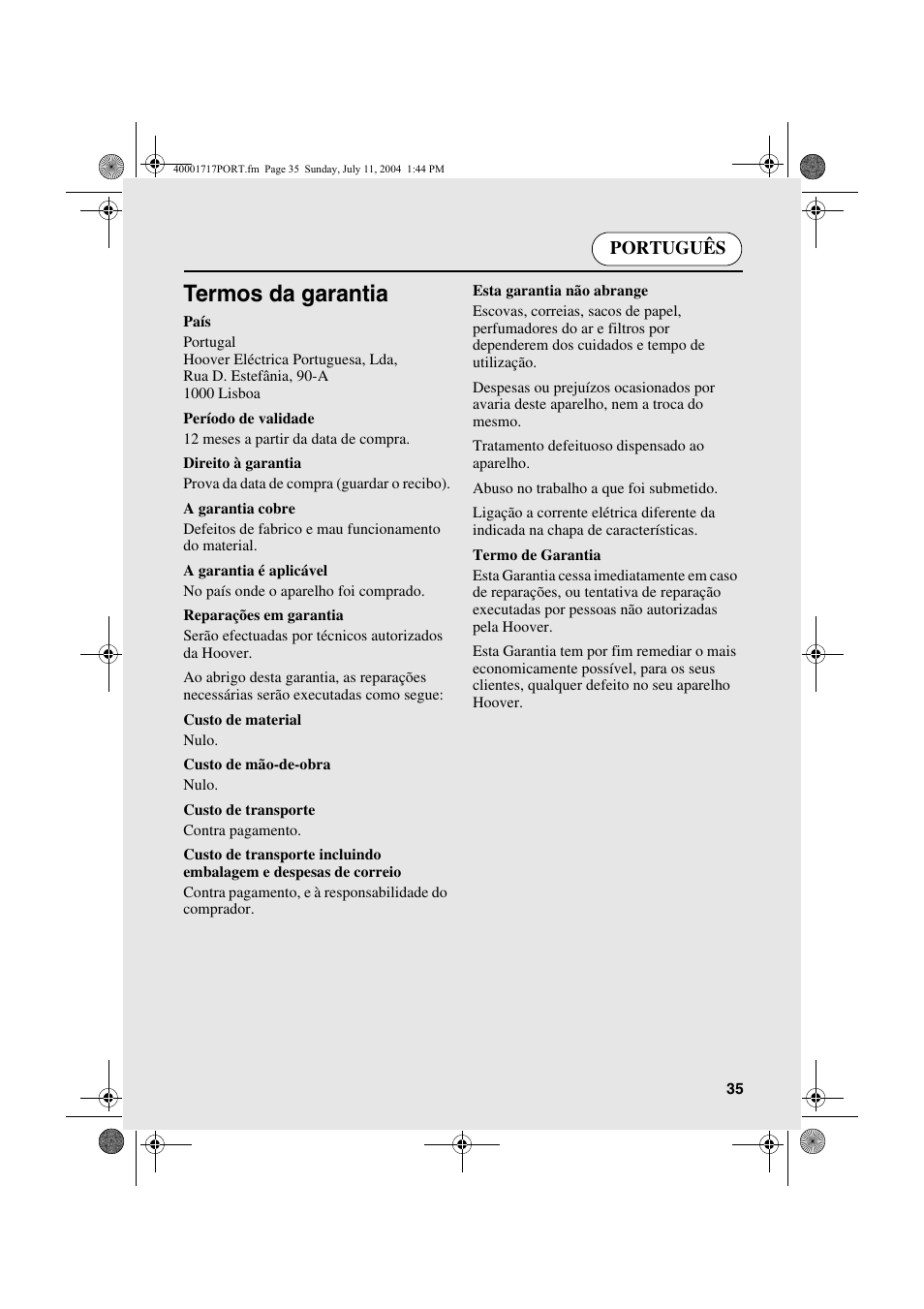 Termos da garantia, Português | Candy AB CDC 168 - SY User Manual | Page 35 / 104