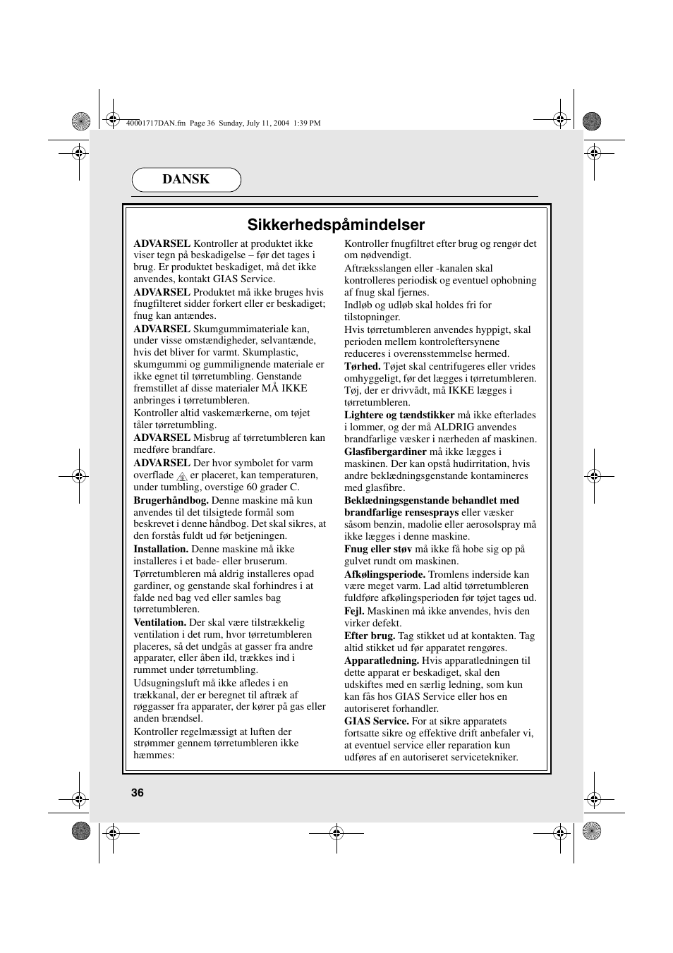 Sikkerhedspåmindelser | Candy AB CDC 168 - SY User Manual | Page 36 / 104