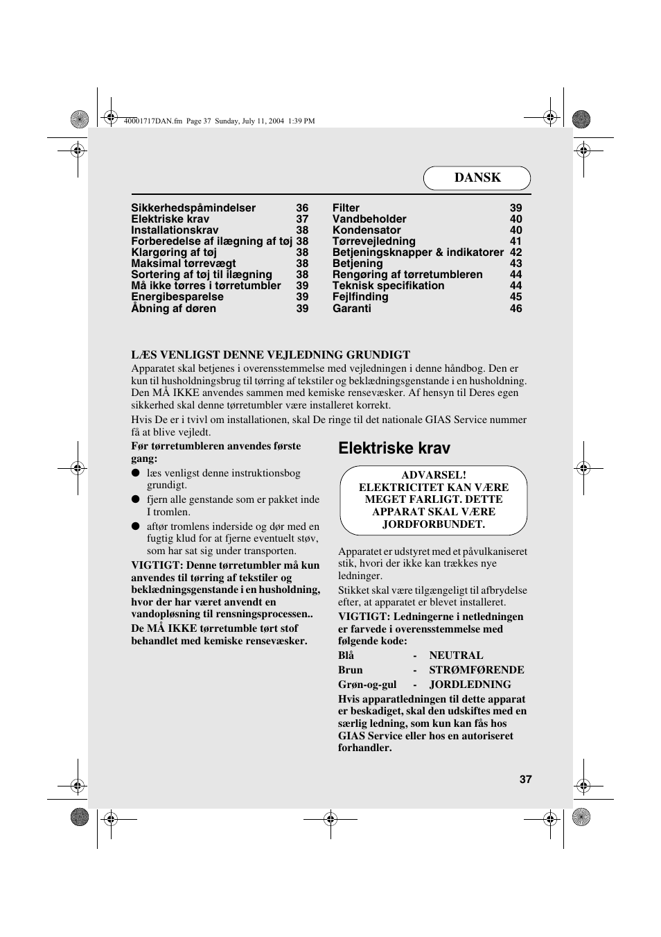 Elektriske krav, Dansk | Candy AB CDC 168 - SY User Manual | Page 37 / 104