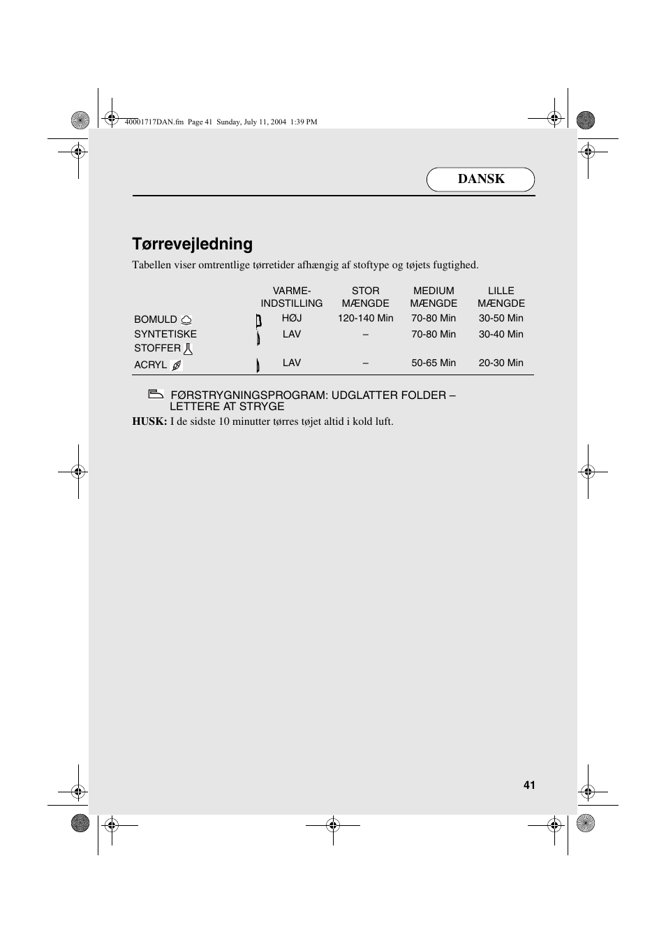 Tørrevejledning, Dansk | Candy AB CDC 168 - SY User Manual | Page 41 / 104