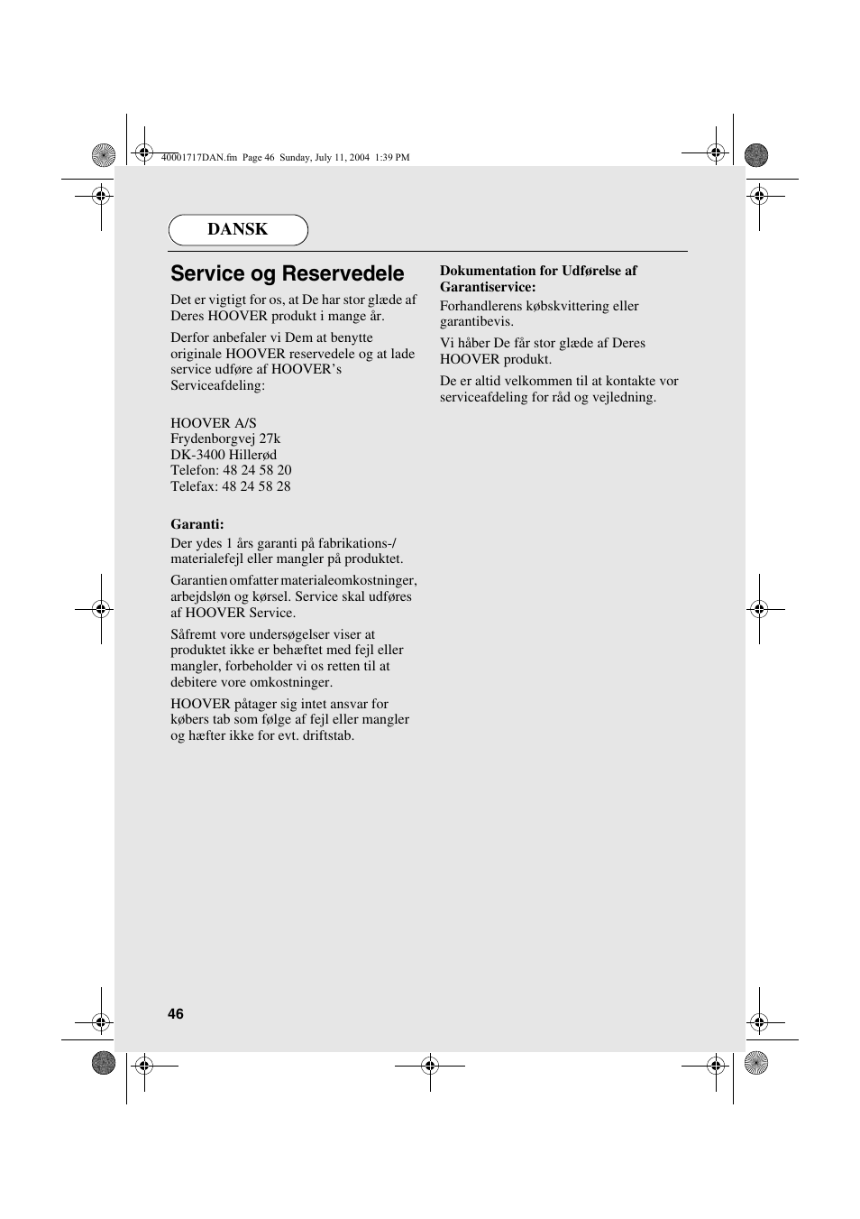 Service og reservedele | Candy AB CDC 168 - SY User Manual | Page 46 / 104