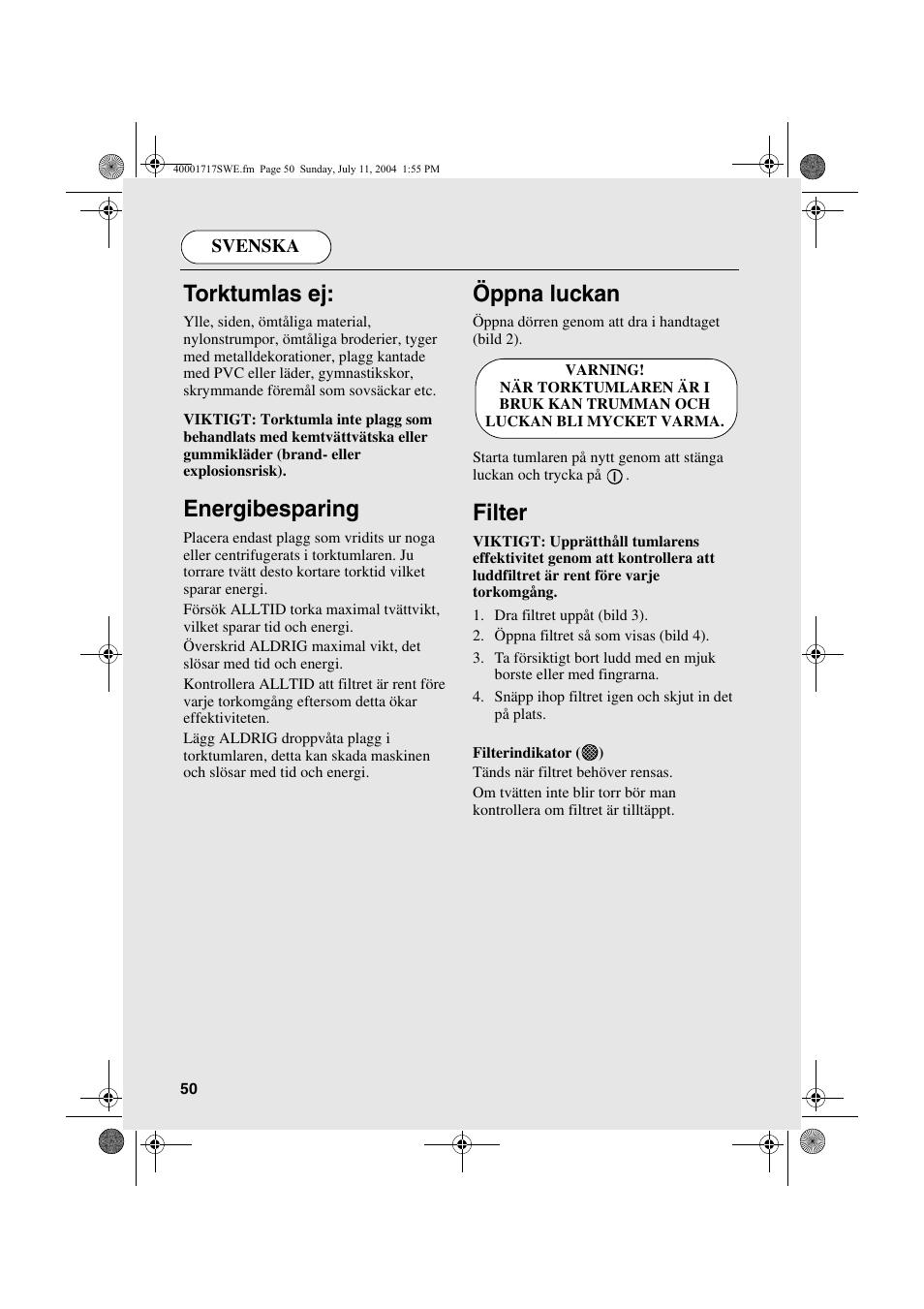 Torktumlas ej, Energibesparing, Öppna luckan | Filter | Candy AB CDC 168 - SY User Manual | Page 50 / 104