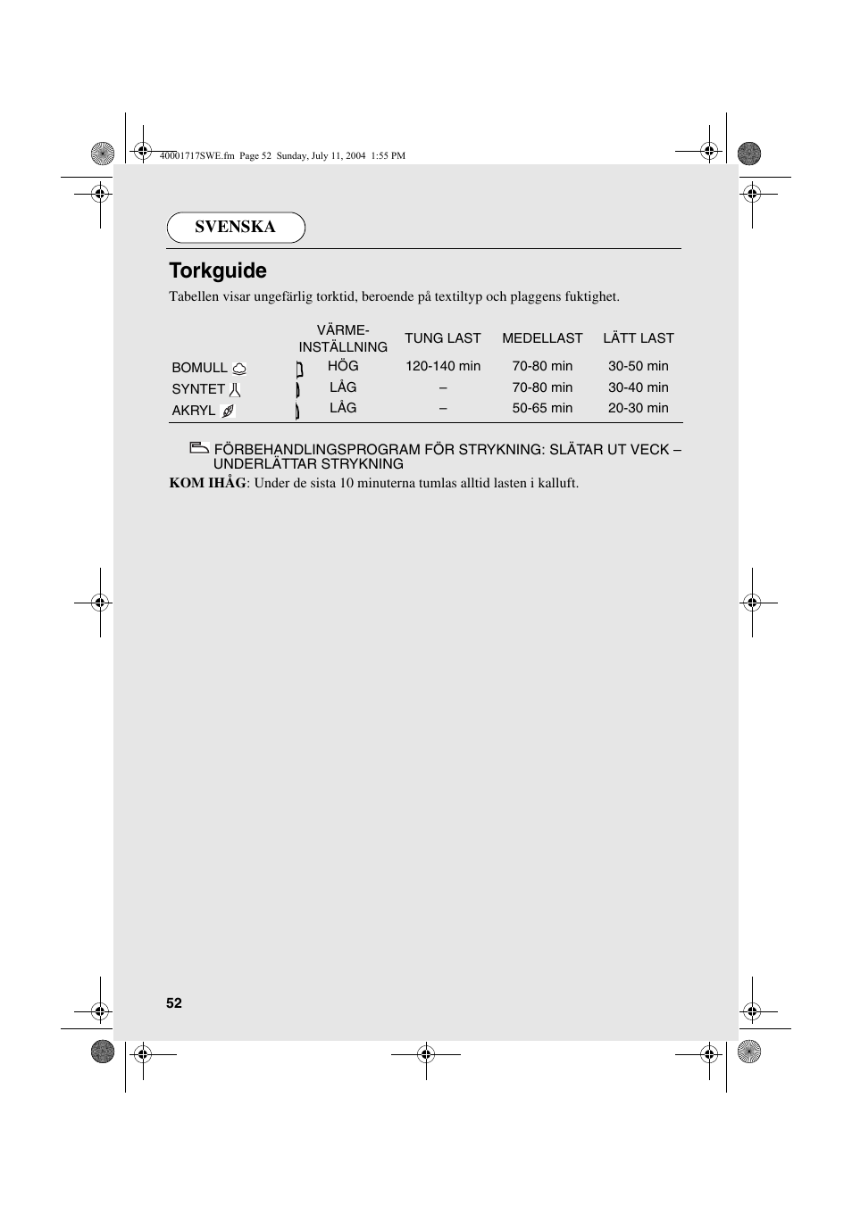 Torkguide, Svenska | Candy AB CDC 168 - SY User Manual | Page 52 / 104