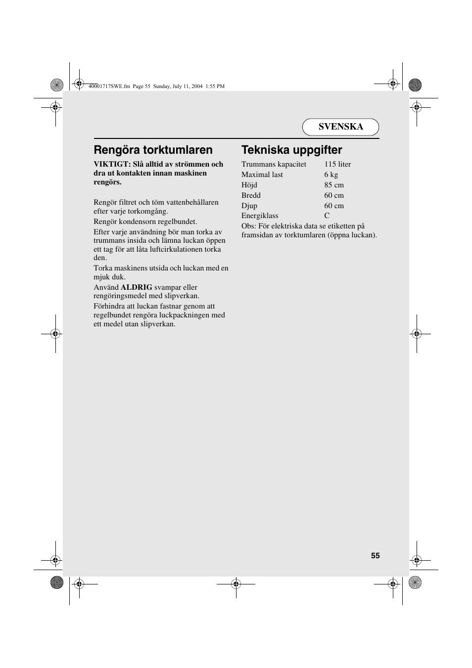 Rengöra torktumlaren, Tekniska uppgifter | Candy AB CDC 168 - SY User Manual | Page 55 / 104