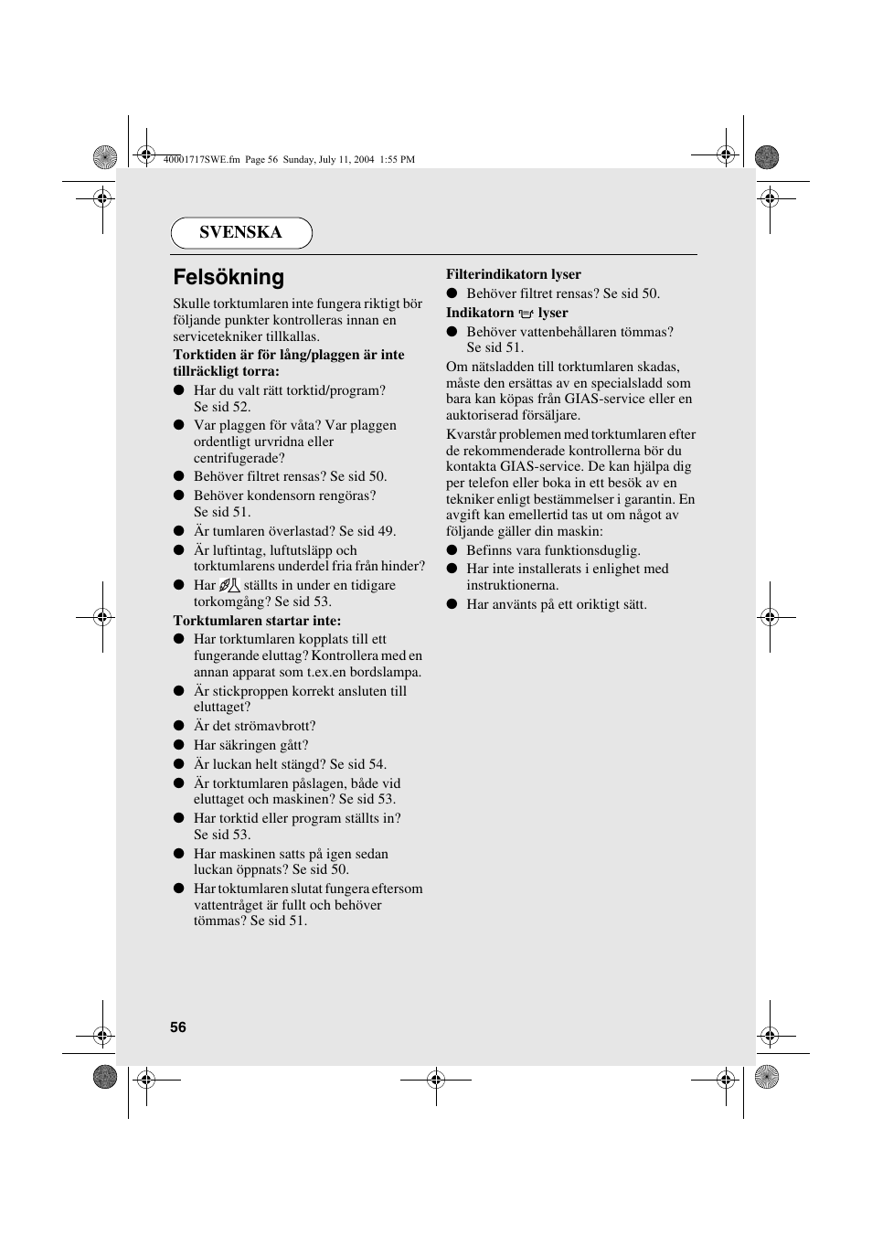Felsökning, Svenska | Candy AB CDC 168 - SY User Manual | Page 56 / 104