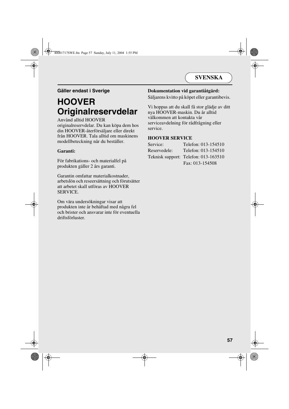 Hoover originalreservdelar | Candy AB CDC 168 - SY User Manual | Page 57 / 104