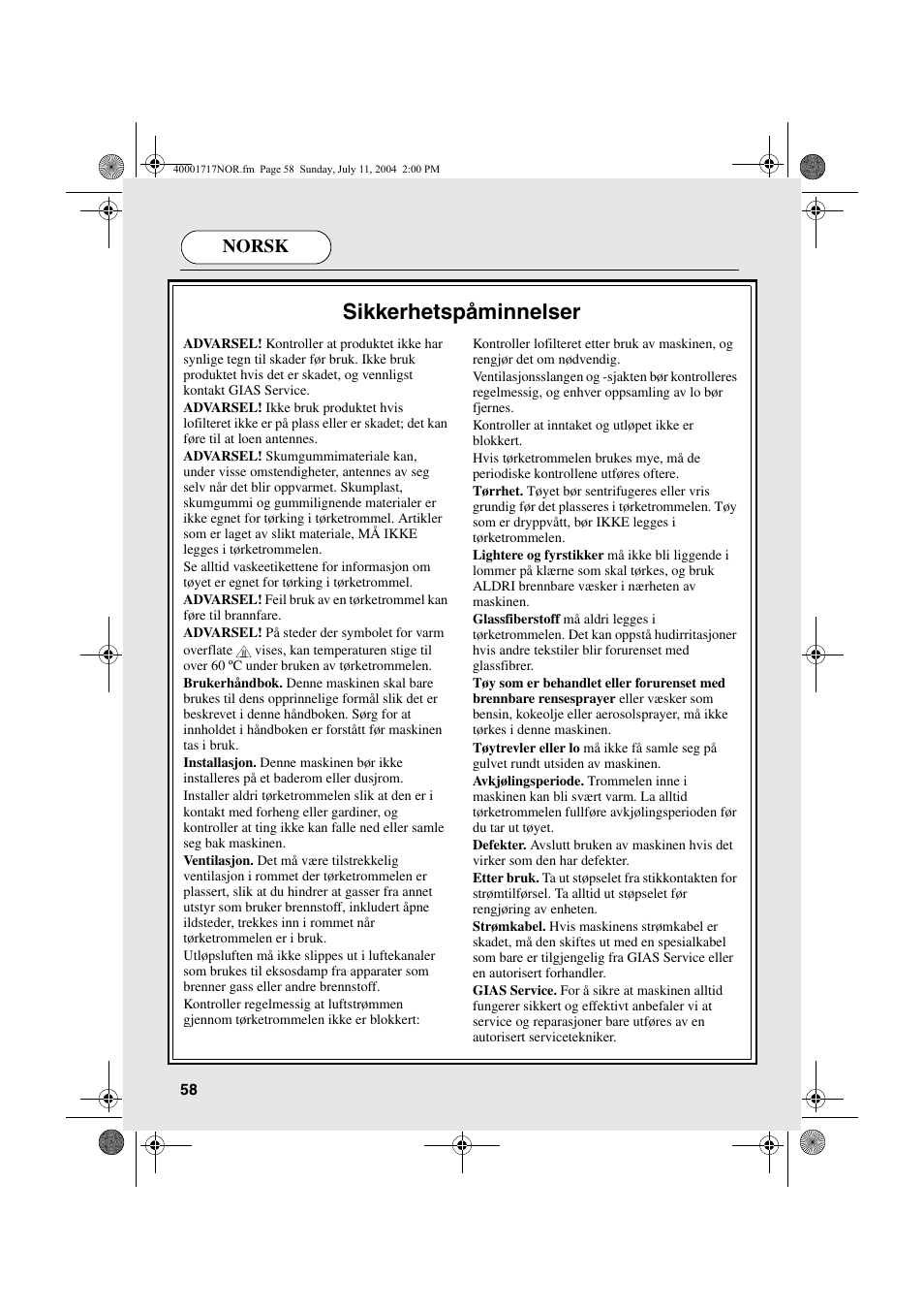 Sikkerhetspåminnelser, Norsk | Candy AB CDC 168 - SY User Manual | Page 58 / 104
