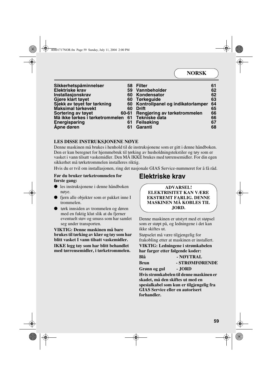 Elektriske krav, Norsk | Candy AB CDC 168 - SY User Manual | Page 59 / 104