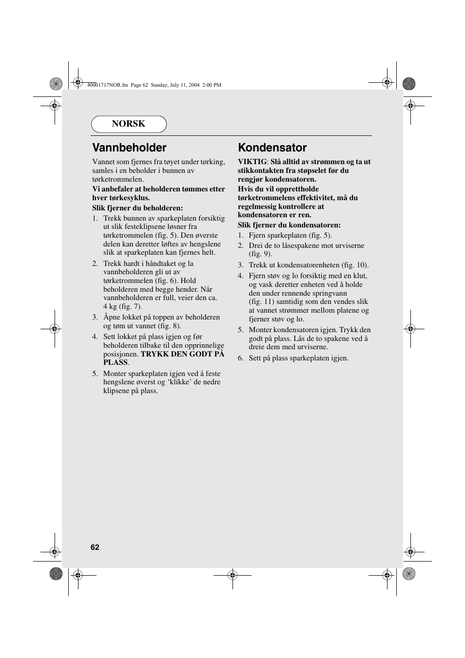 Vannbeholder, Kondensator | Candy AB CDC 168 - SY User Manual | Page 62 / 104